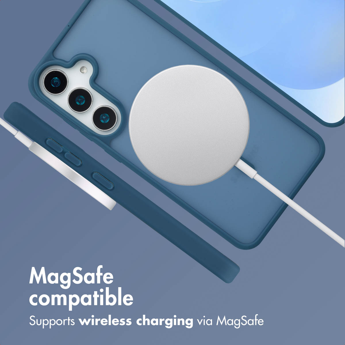 Custodia per telefono blu con caricatore MagSafe rotondo e cavo bianco su sfondo blu.