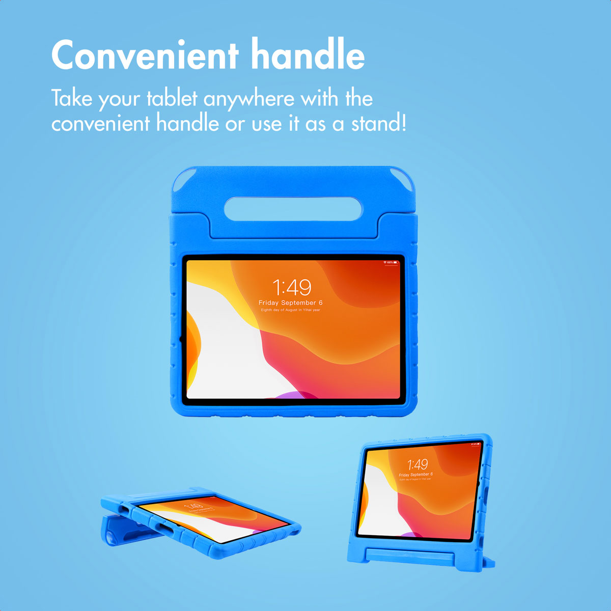 Blue tablet case with a convenient carry handle and built-in stand against a blue background.