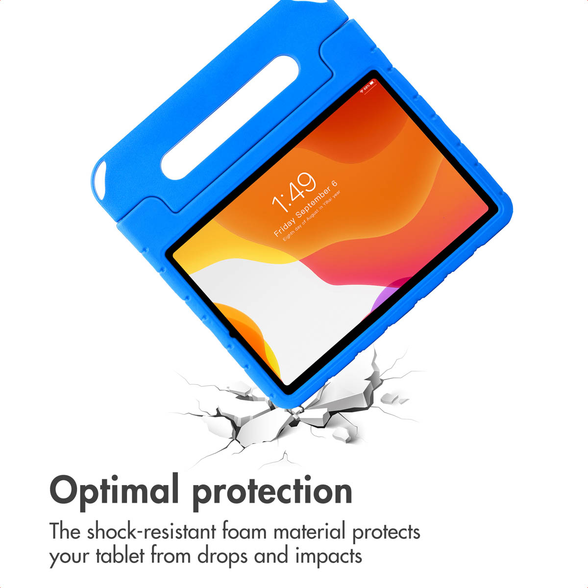 A tablet in a blue protective case above a cracked floor, text states optimal protection.