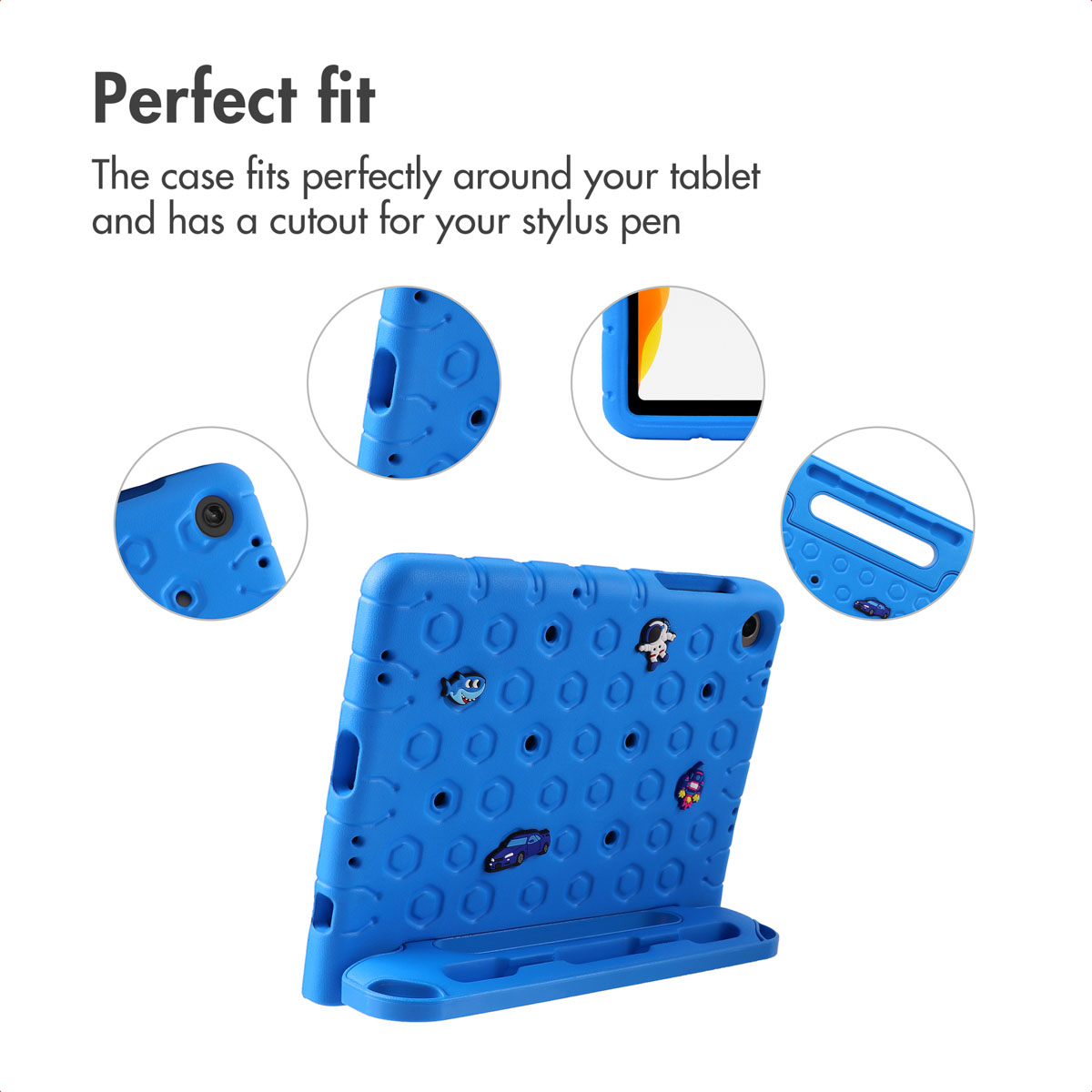 A blue silicone tablet case with circular patterns and decorative cartoon characters, shown with four close-up details.