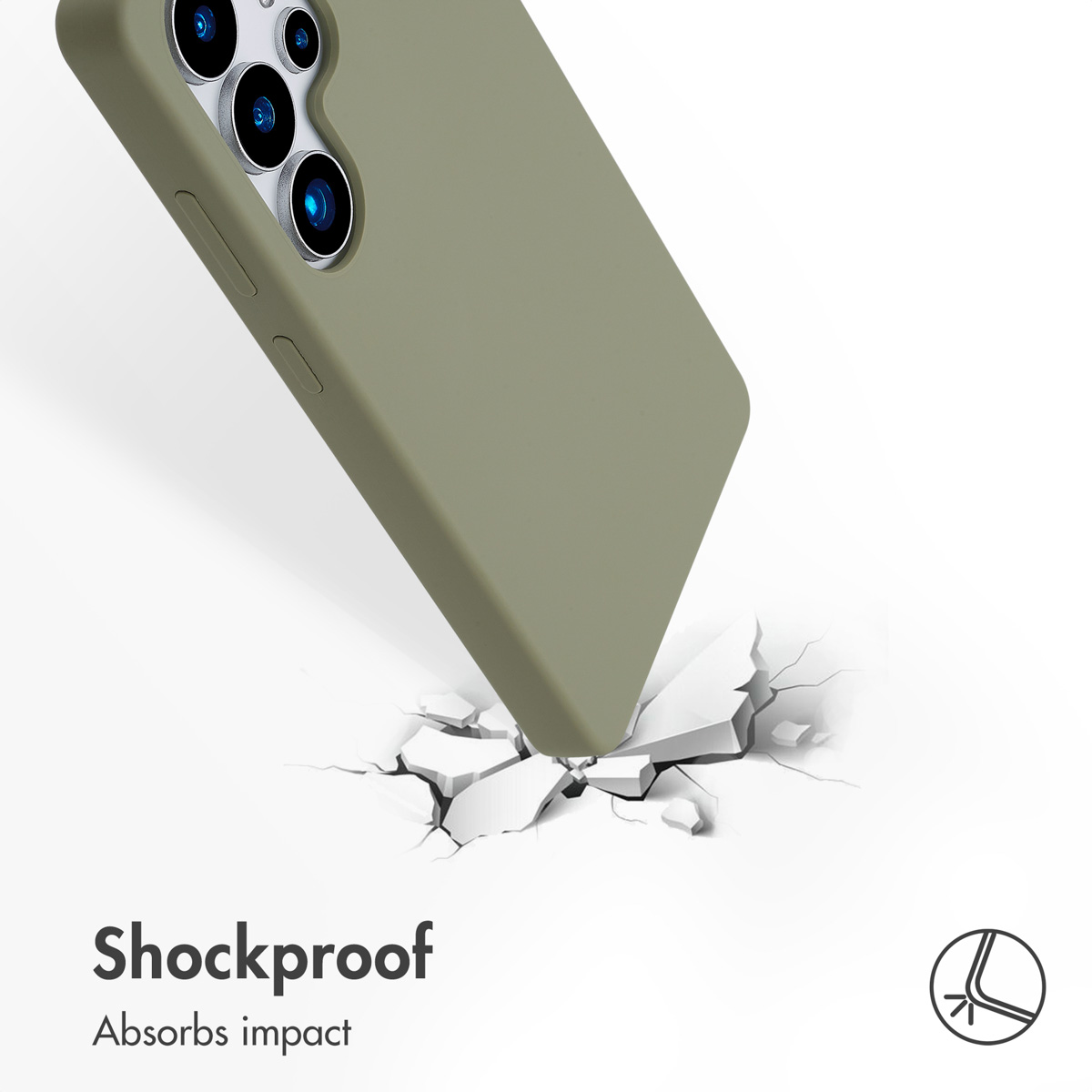 Un smartphone verde oliva con funda protectora golpea una superficie dura y la agrieta.