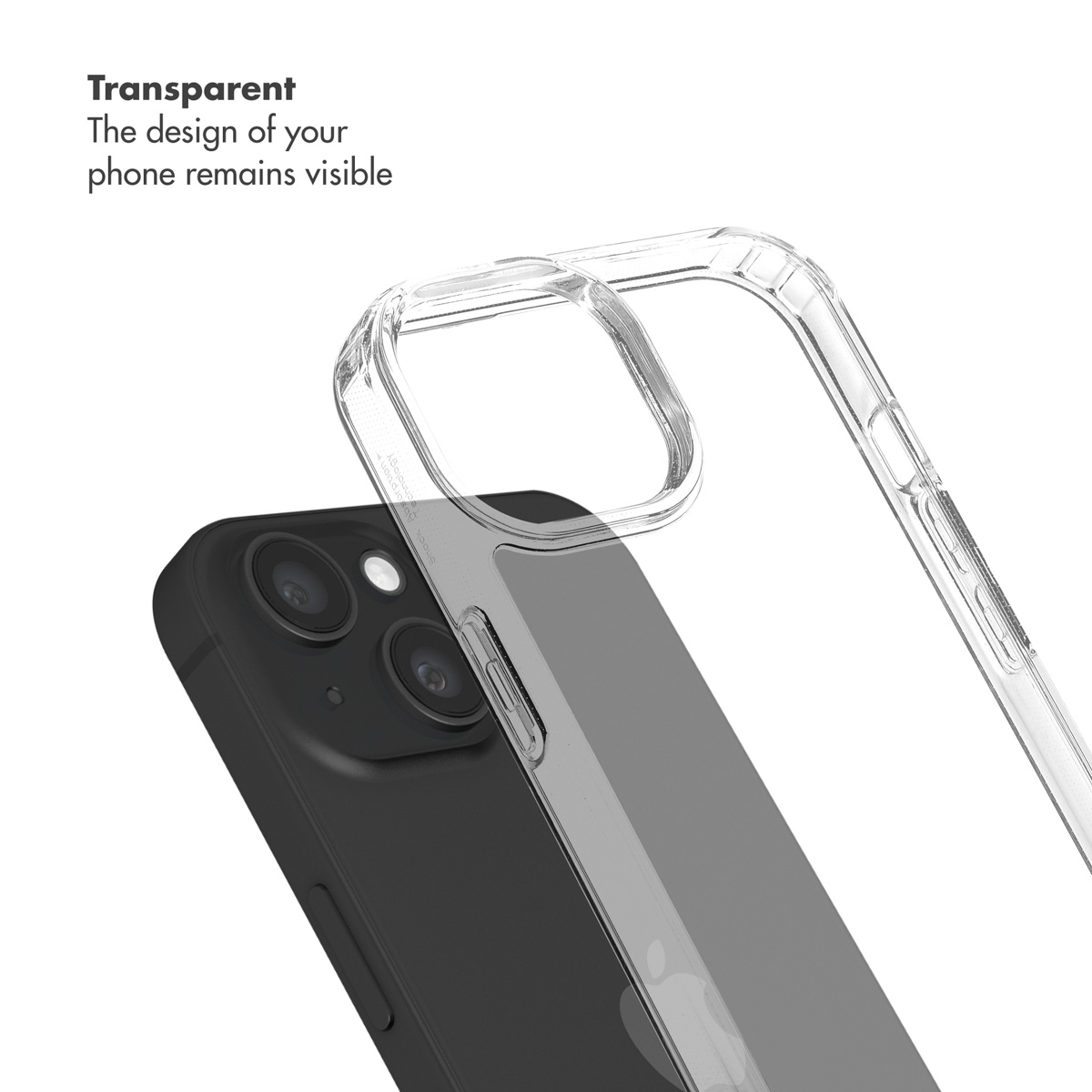 A transparent protective case shows the back of a black smartphone featuring a dual camera and Apple logo.