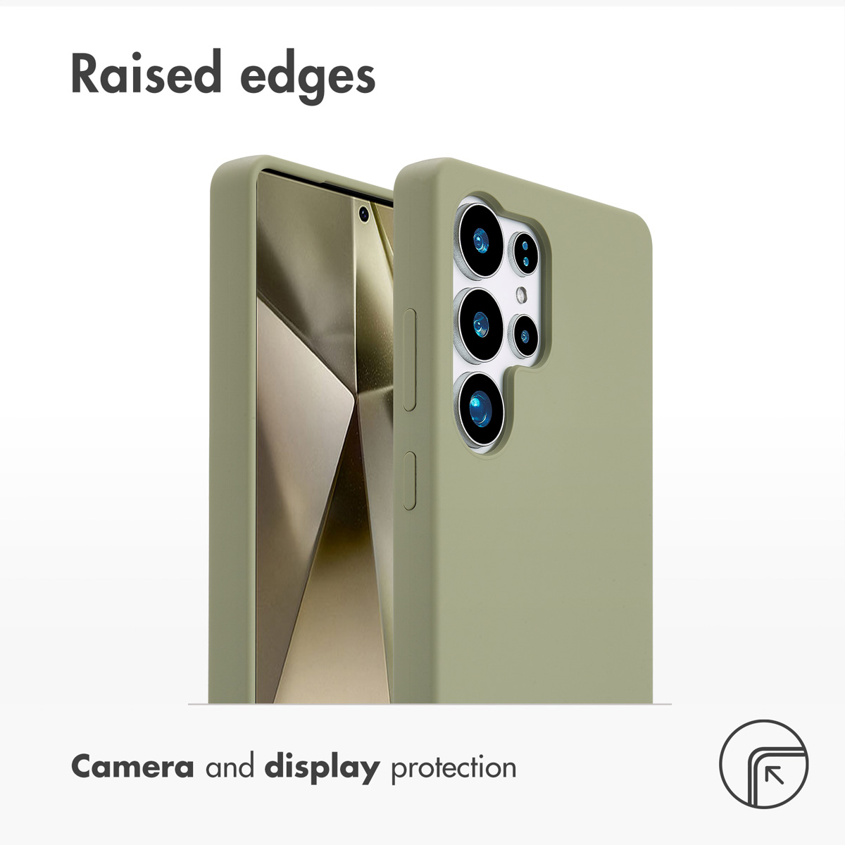 Un smartphone con funda protectora verde oliva muestra bordes elevados para la cámara y pantalla.