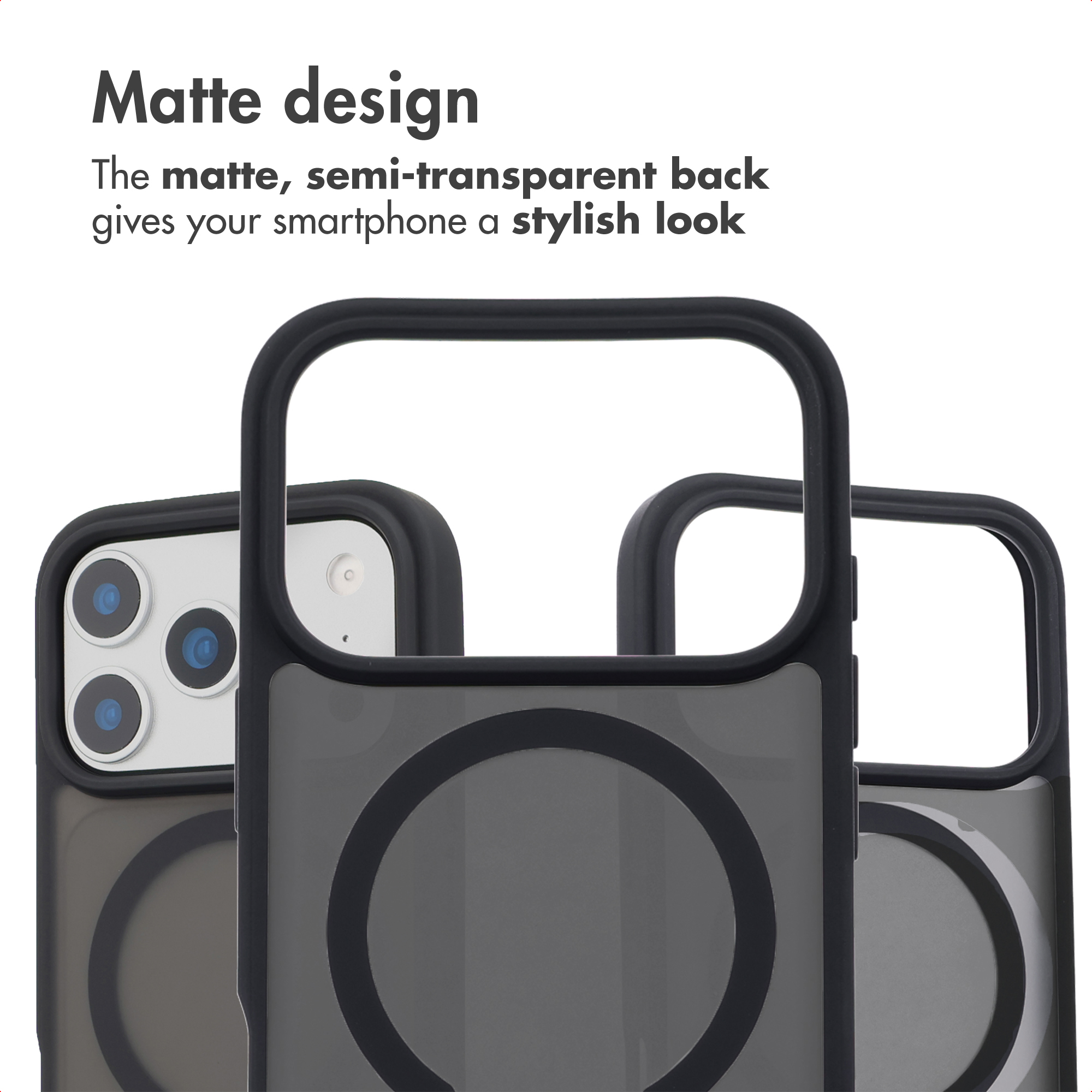 Three matte, semi-transparent smartphone cases with black frames and MagSafe rings against a white background.