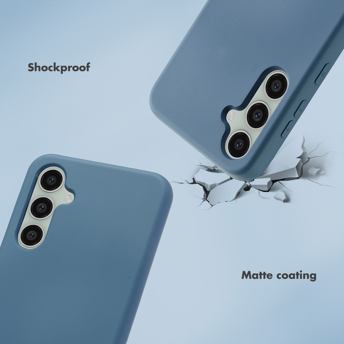 Blaue Smartphone-Hülle mit matter Oberfläche, Kameraaussparung und Texten zu Schockfestigkeit und Beschichtung.