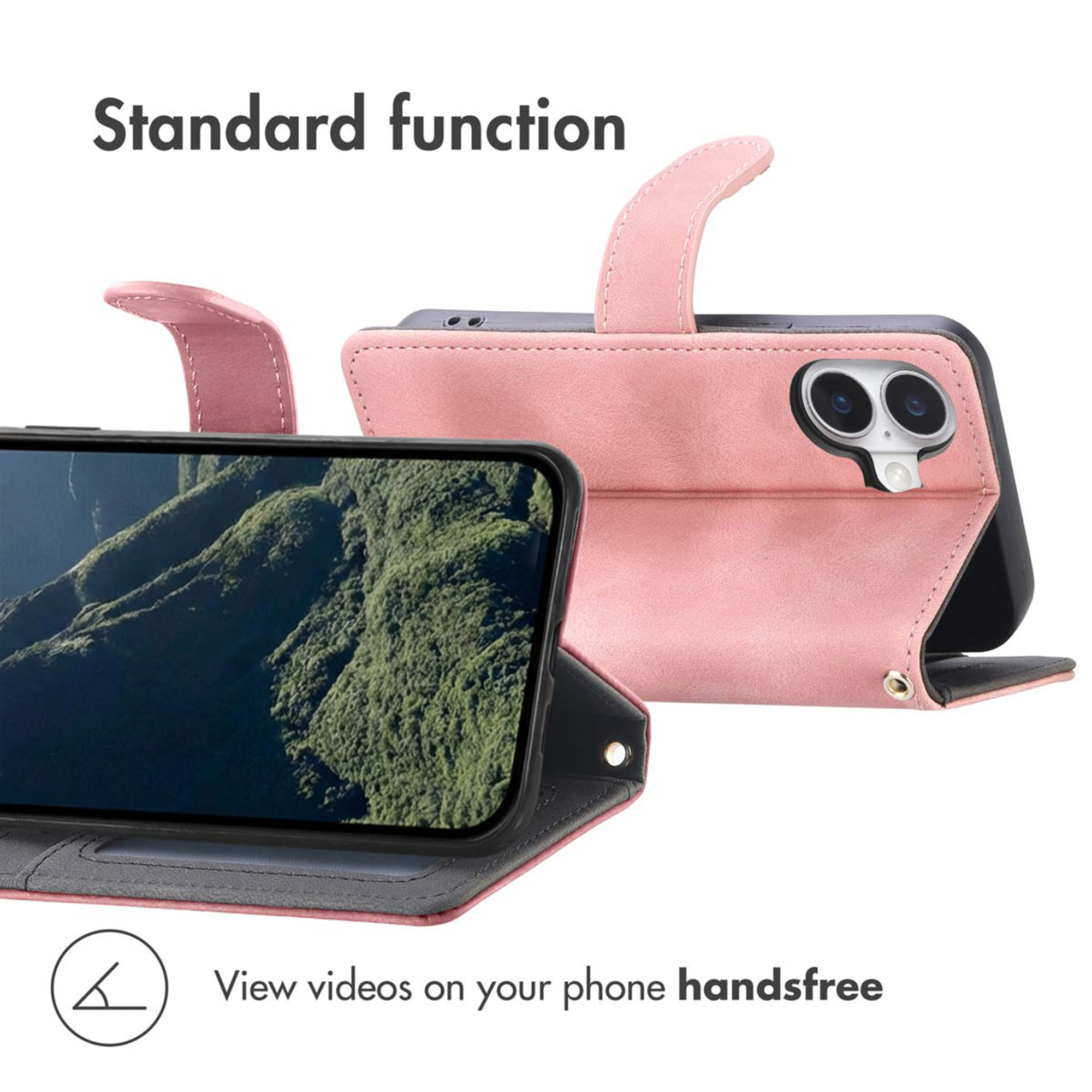 Custodia a libro rosa per smartphone con funzione supporto per video.
