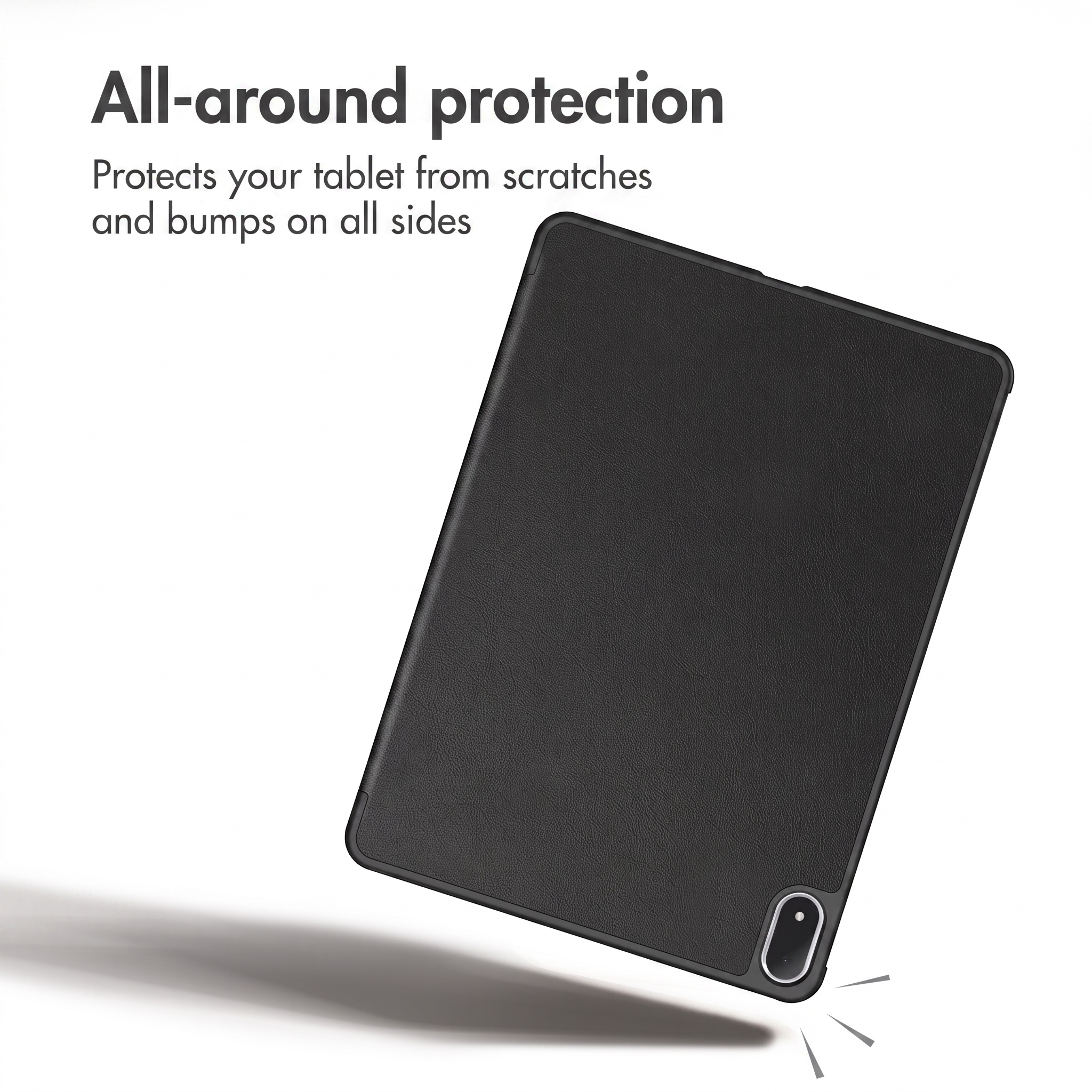 Black tablet case on a white background with text about all-around protection.