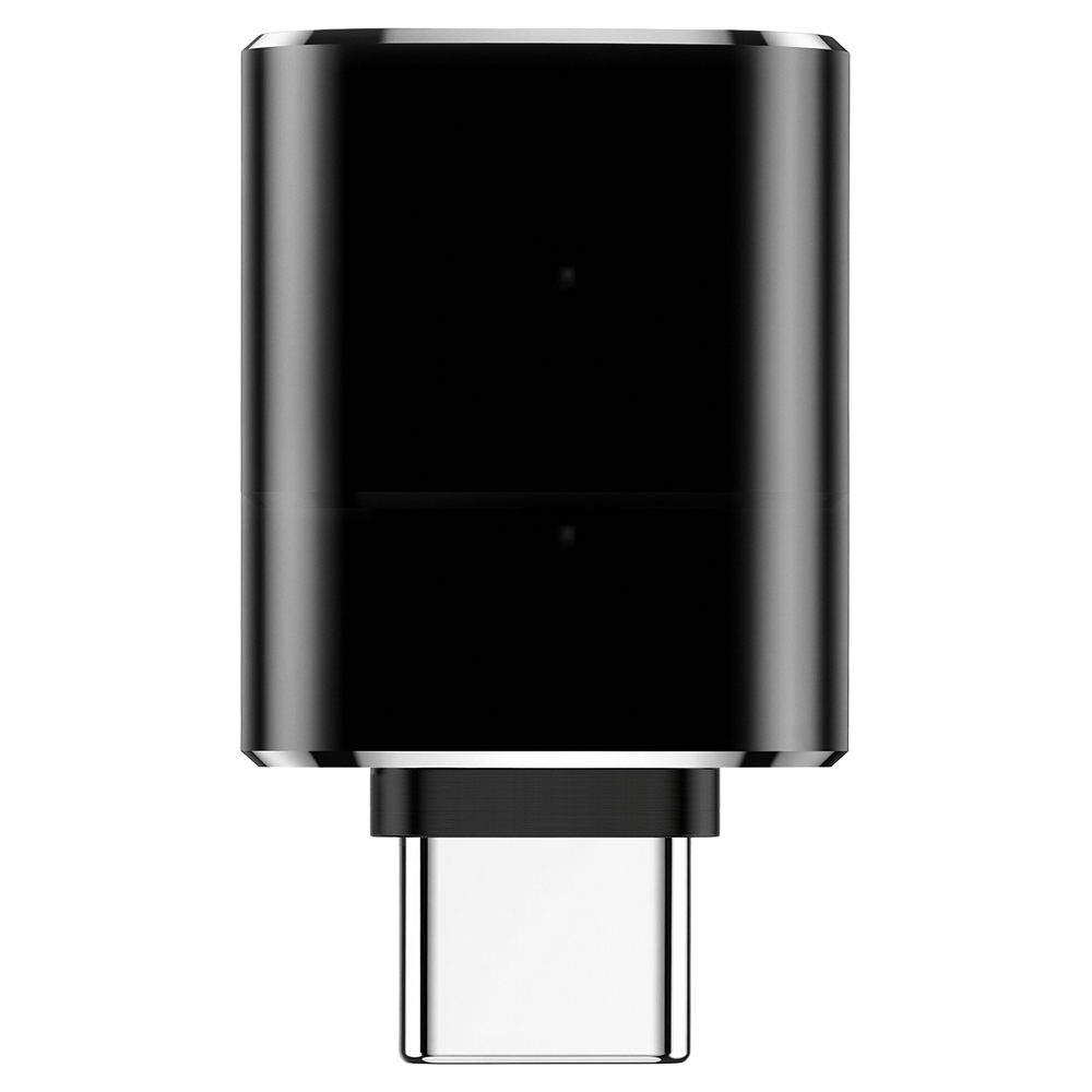 Błyszczący czarny adapter USB-C ze srebrnymi krawędziami na neutralnym tle.