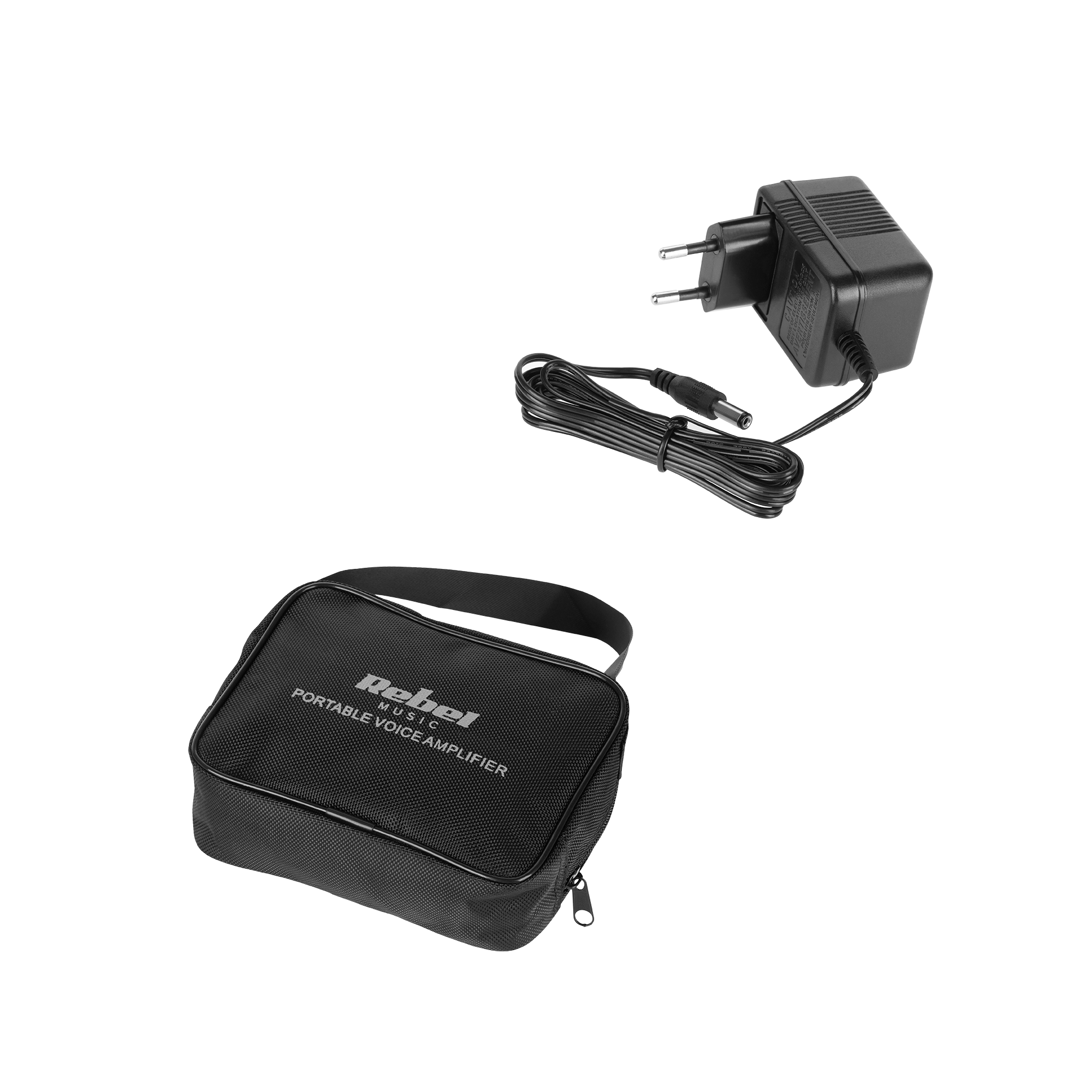 Czarne etui Rebel Portable Voice Amplifier i pasujący zasilacz z kablem na czarnym tle.
