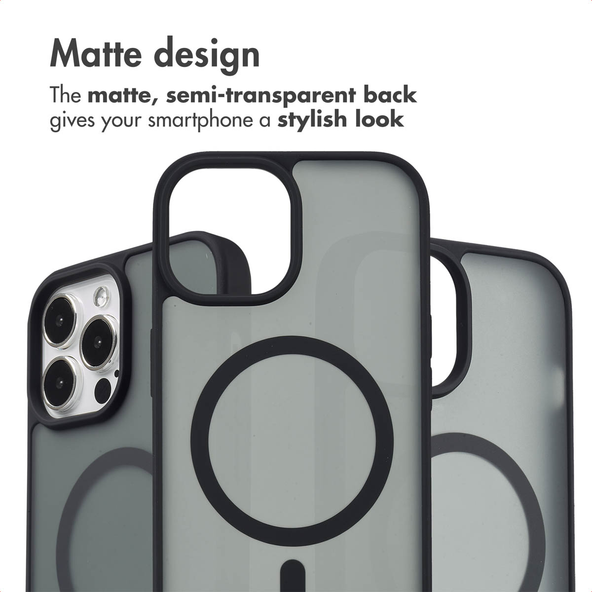 Trois coques de téléphone noires mates et semi-transparentes avec anneau MagSafe.