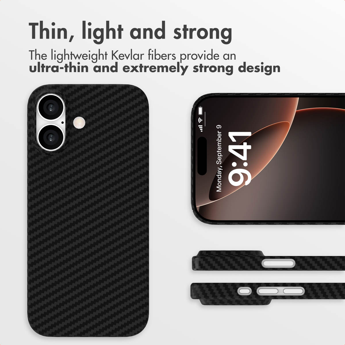 Una funda de fibra de carbono negra para smartphone vista desde atrás, delante y de lado sobre fondo blanco.