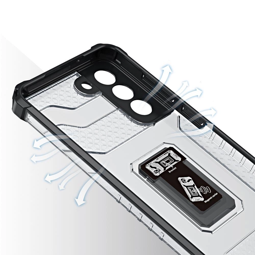 Custodia protettiva trasparente con bordo nero, fori per fotocamera e supporto magnetico.