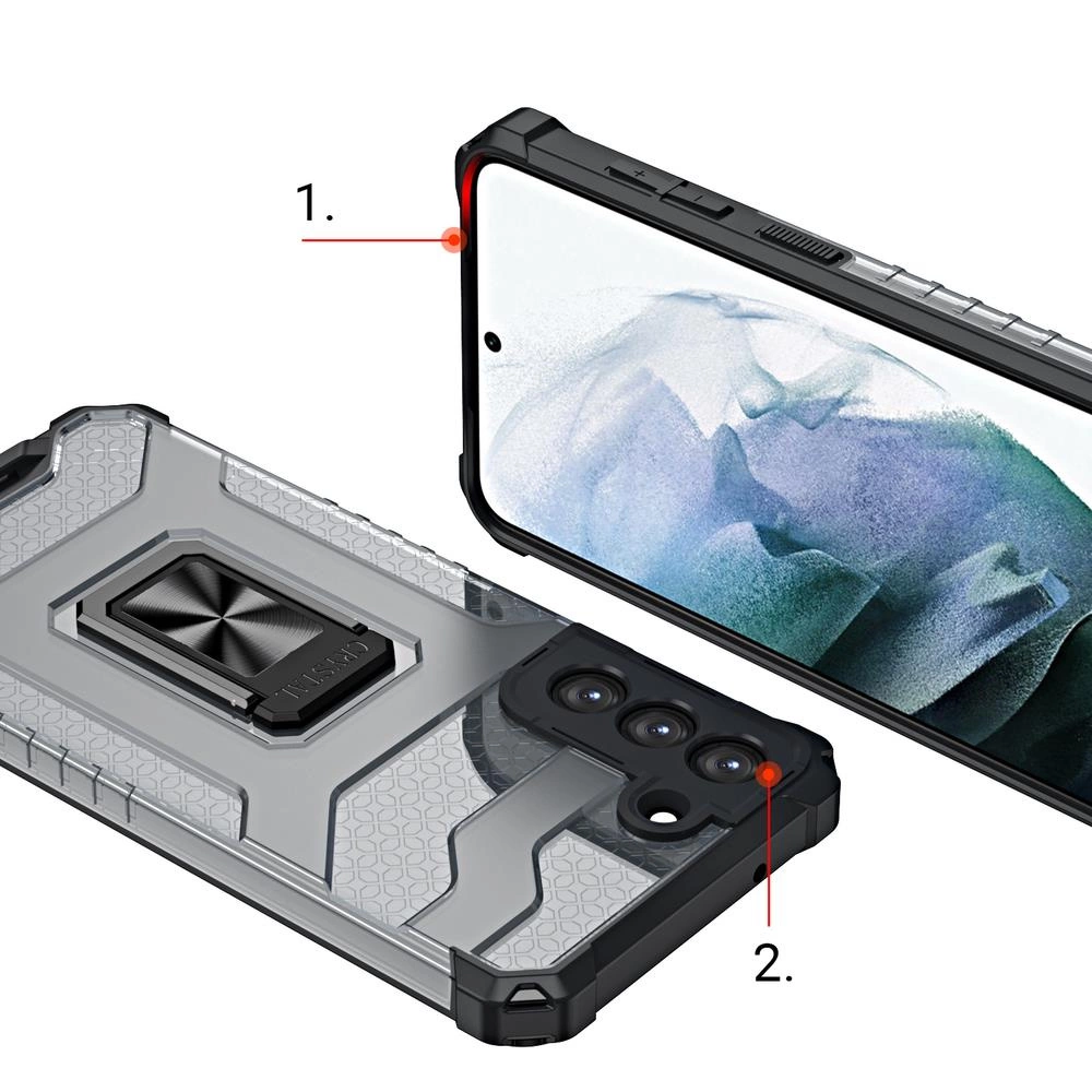 Smartphone in custodia protettiva con supporto e tripla fotocamera. Due indicatori rossi.