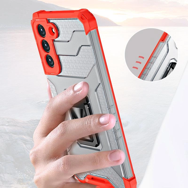 Una mano sostiene una cover per smartphone robusta con paraurti rosso e supporto integrato.