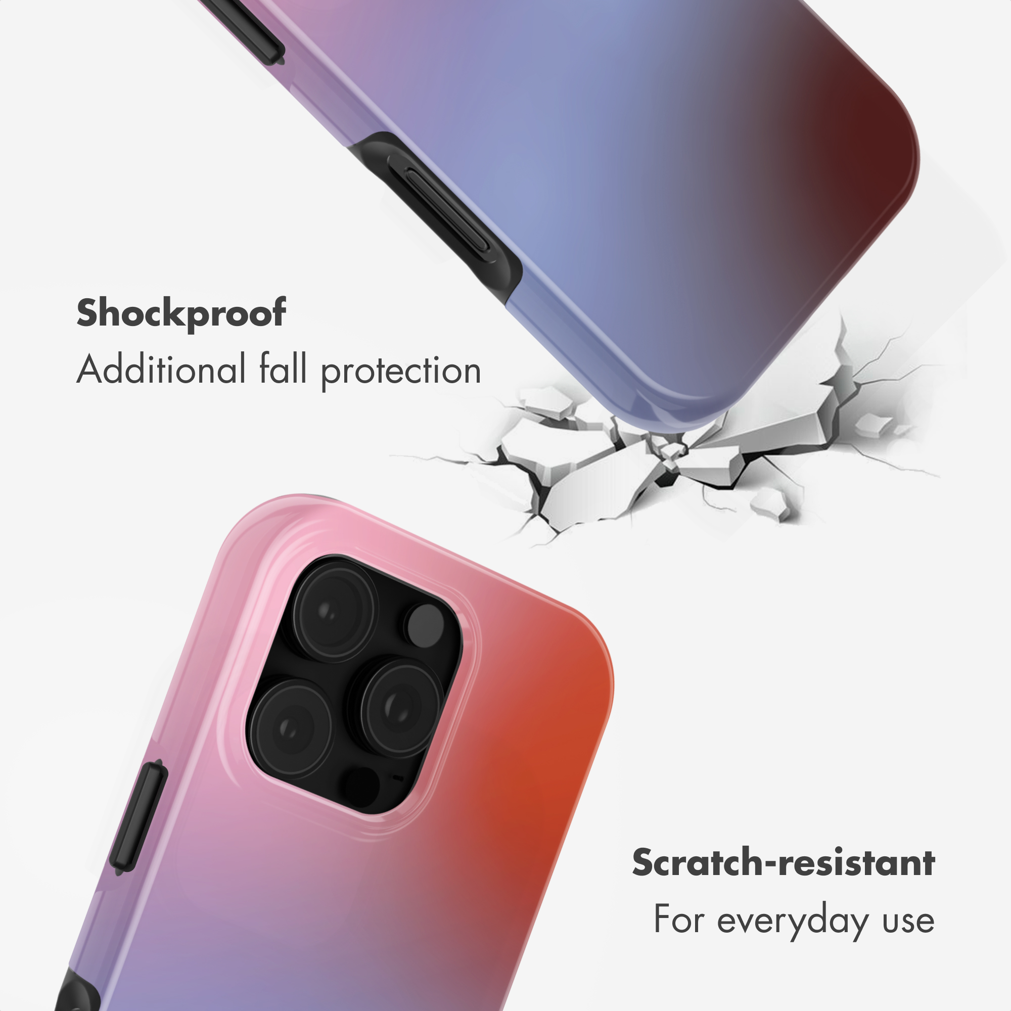 Due cover per smartphone sfumate su sfondo bianco evidenziano resistenza a urti e graffi.