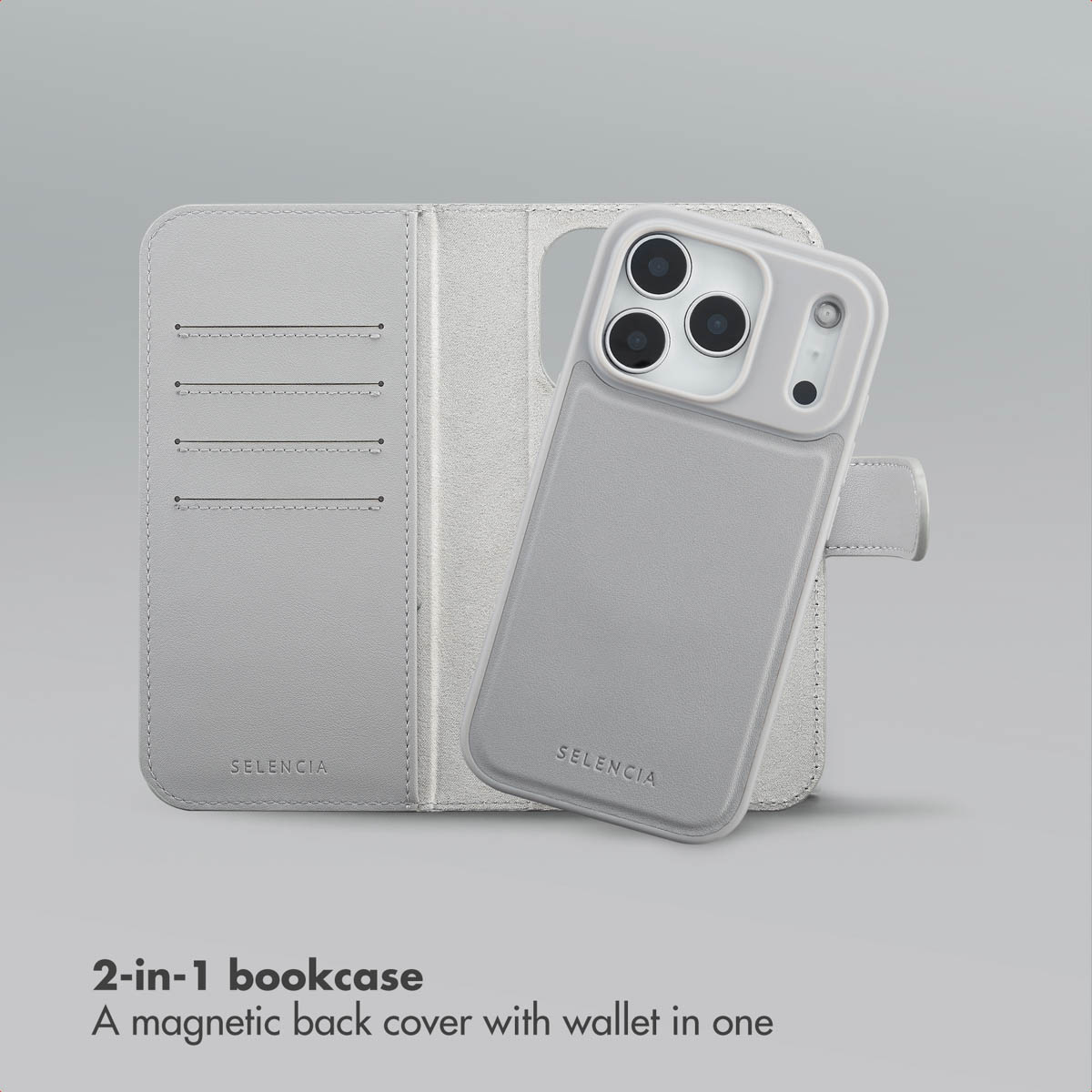 Una funda de móvil gris claro 2 en 1 tipo libro con cubierta magnética trasera y monedero sobre fondo gris.