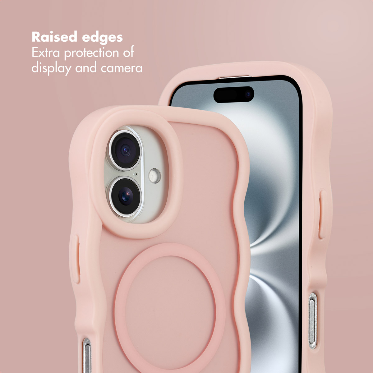 Cover per cellulare rosa ondulate con bordi rialzati su sfondo rosa.
