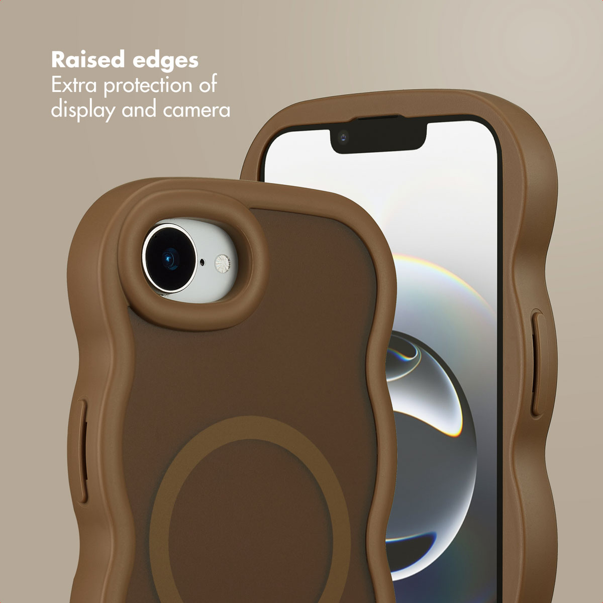Coque de smartphone marron ondulée avec bords surélevés pour protéger l'appareil photo et l'écran.