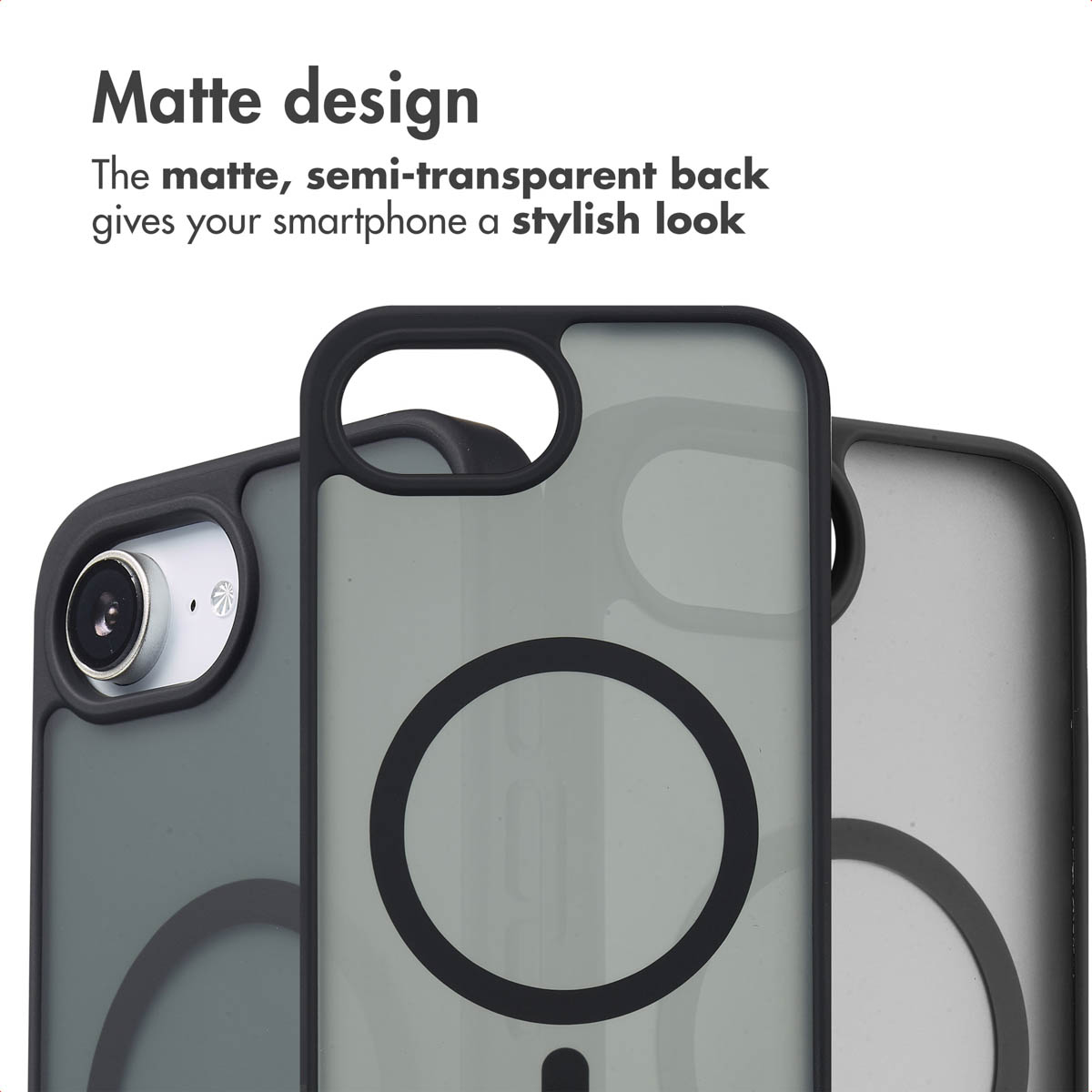 Trois coques de smartphone mates et semi-transparentes avec des bordures noires et un anneau magnétique rond sur fond blanc.