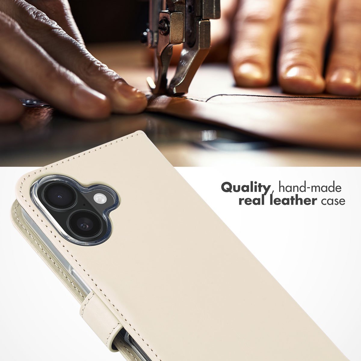 Ein beiger Leder-Handycase wird unten gezeigt, während oben Leder mit einer Nähmaschine bearbeitet wird.