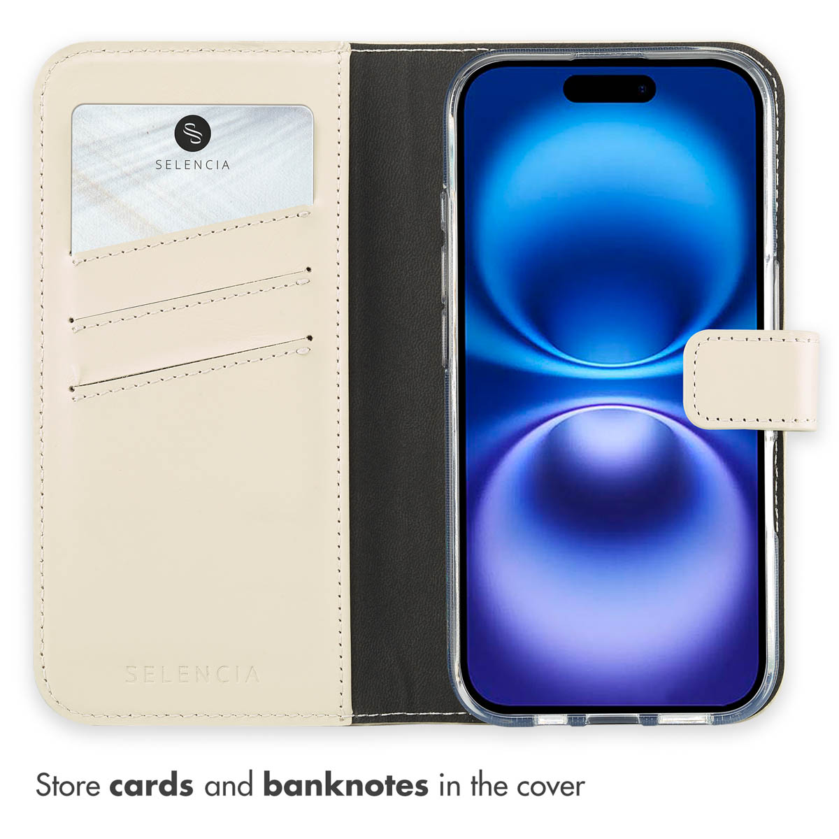 Ein offenes, cremefarbenes Leder-Handy-Etui zeigt Kartenfächer und ein Smartphone mit blauem Bildschirm.