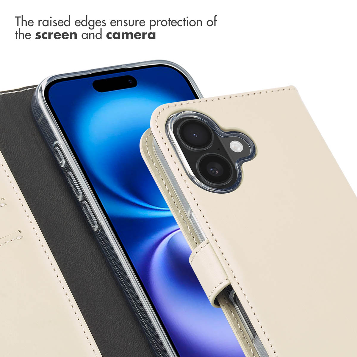 Beige Leder-Klapphülle für Smartphone mit sichtbarer Kamera und Bildschirm.