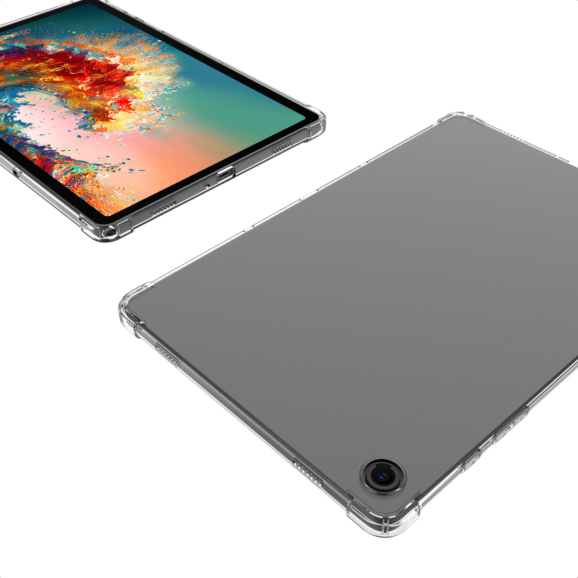 A tablet with a colorful screen and a transparent protective case shown from front and back on white.