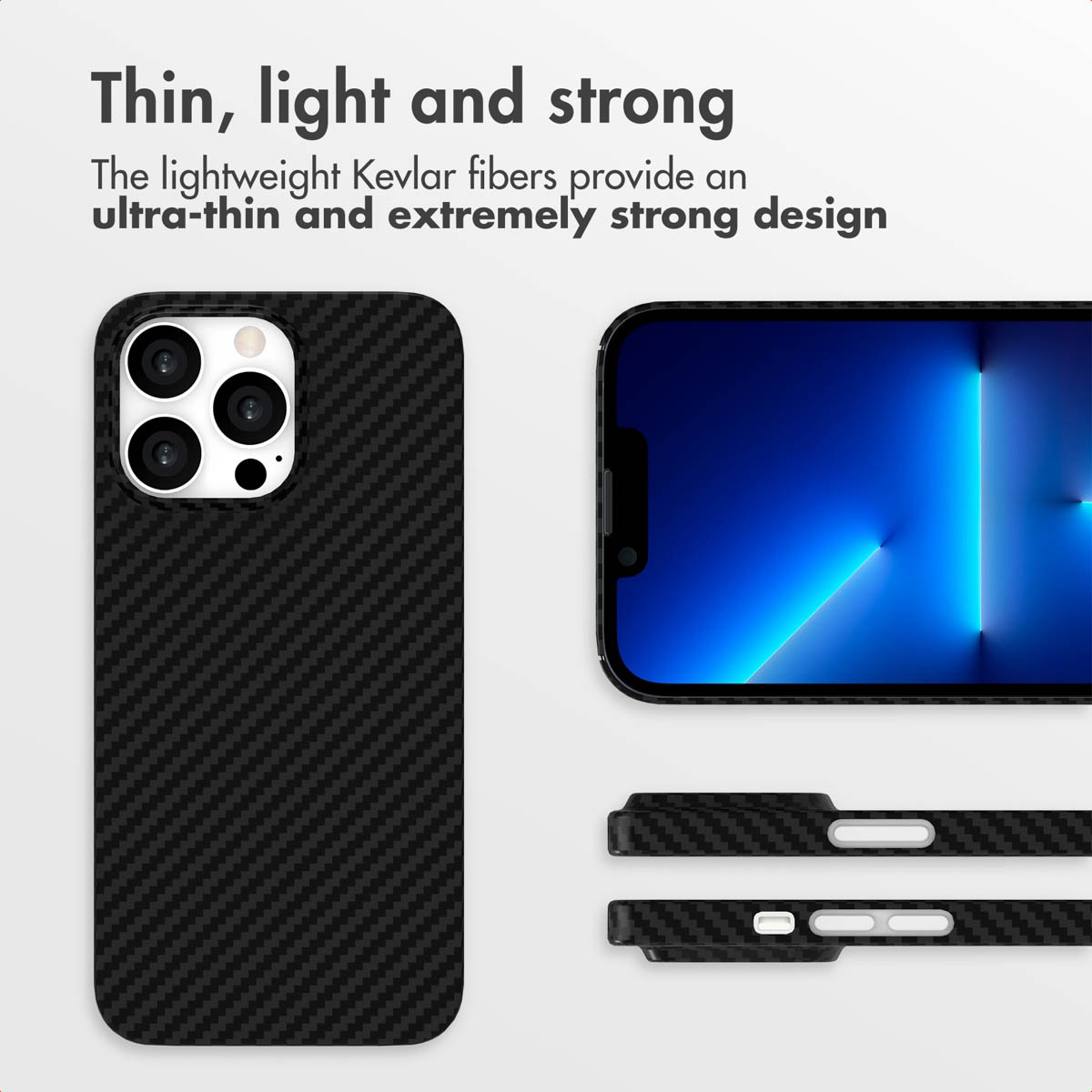 Funda de smartphone de Kevlar negra y fina mostrada en varios ángulos.