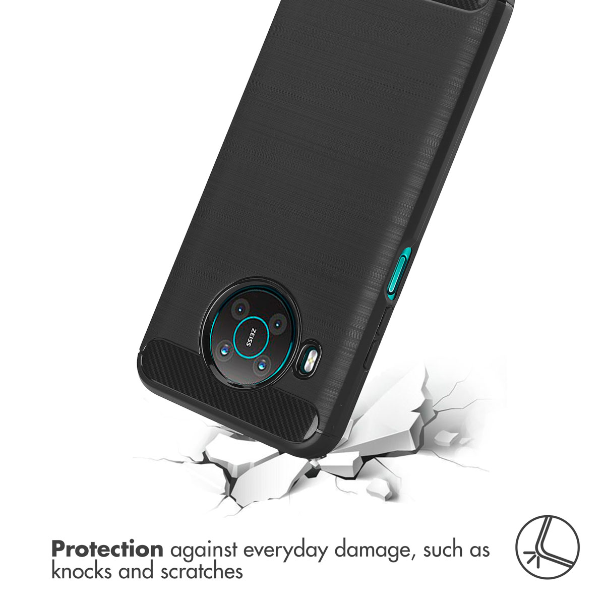 Custodia protettiva nera per telefono con modulo fotocamera circolare su sfondo bianco crepato.