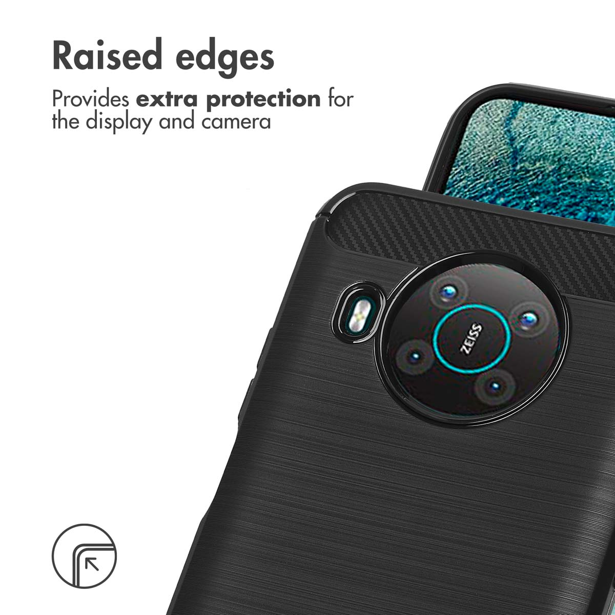 Cover per smartphone nera con bordi rialzati e foro circolare per fotocamera.