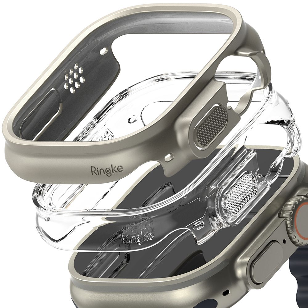 Una custodia protettiva per smartwatch Ringke mostra parti trasparenti e argentate separate.
