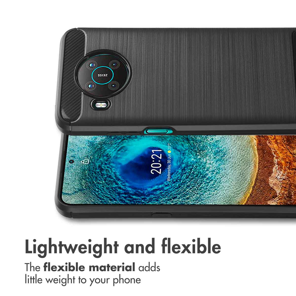 Cover protettiva nera su uno smartphone con modulo fotocamera ZEISS e display blu.