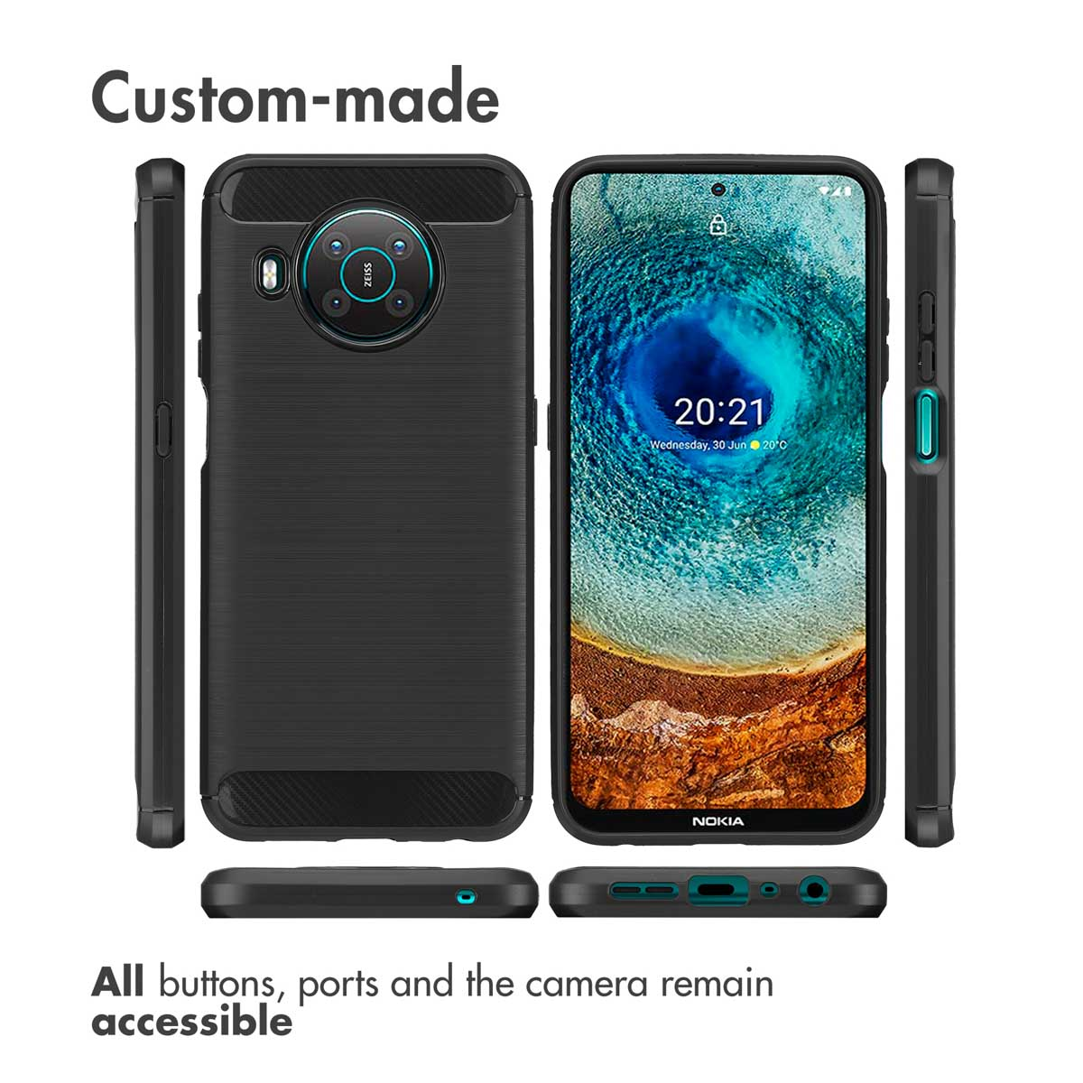 Vista anteriore e posteriore di una custodia nera per smartphone con schermo, fotocamera e tasti.