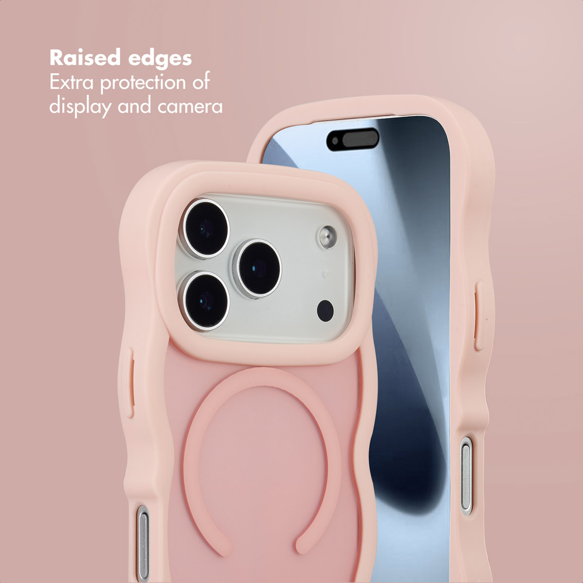 Funda rosa para teléfono con bordes elevados que protegen la pantalla y la cámara.