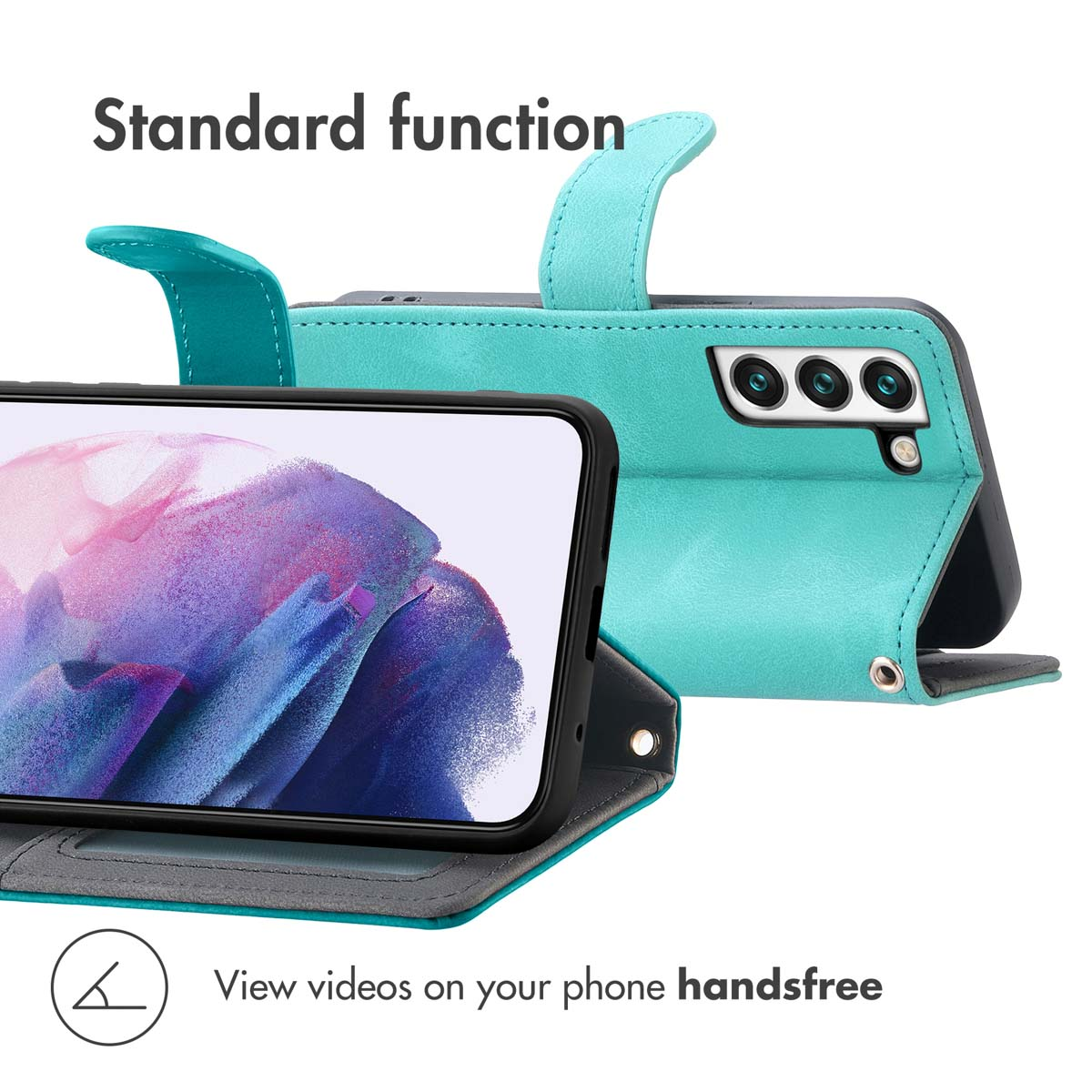 Eine türkisfarbene Handytasche aus Leder mit integriertem Ständer und einem Smartphone.