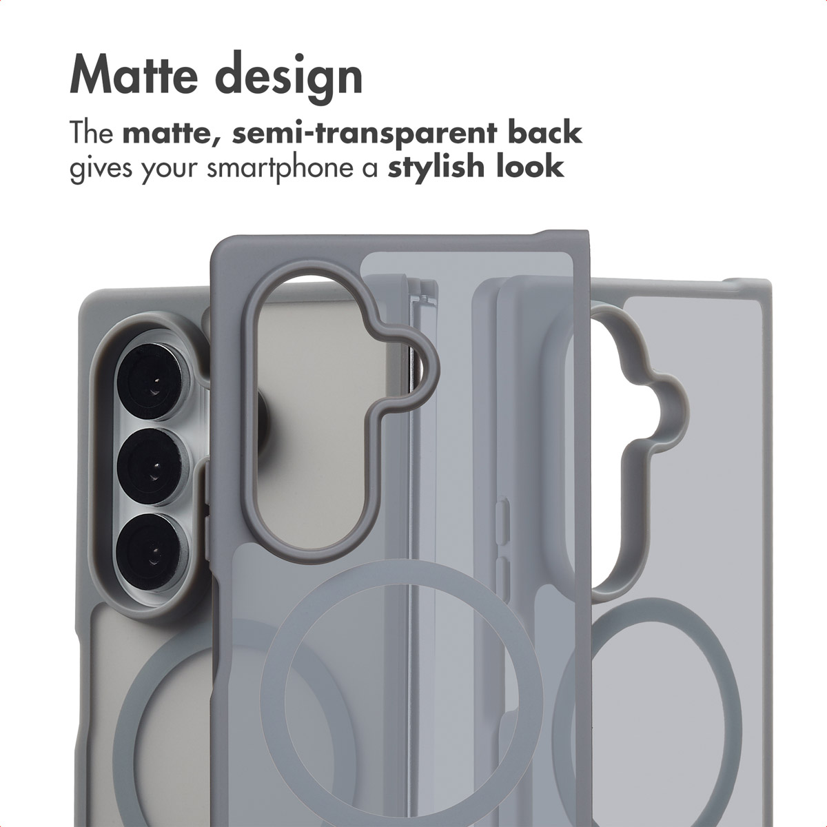 Tre cover per smartphone grigie semitrasparenti sovrapposte, con ritagli per fotocamera e anelli magnetici.