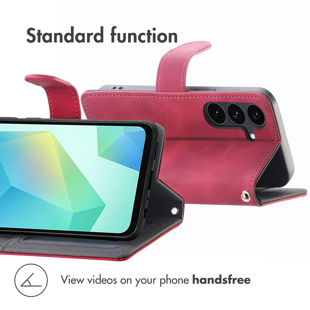 Custodia a portafoglio in pelle rosa per smartphone con funzione supporto e fotocamere posteriori visibili.