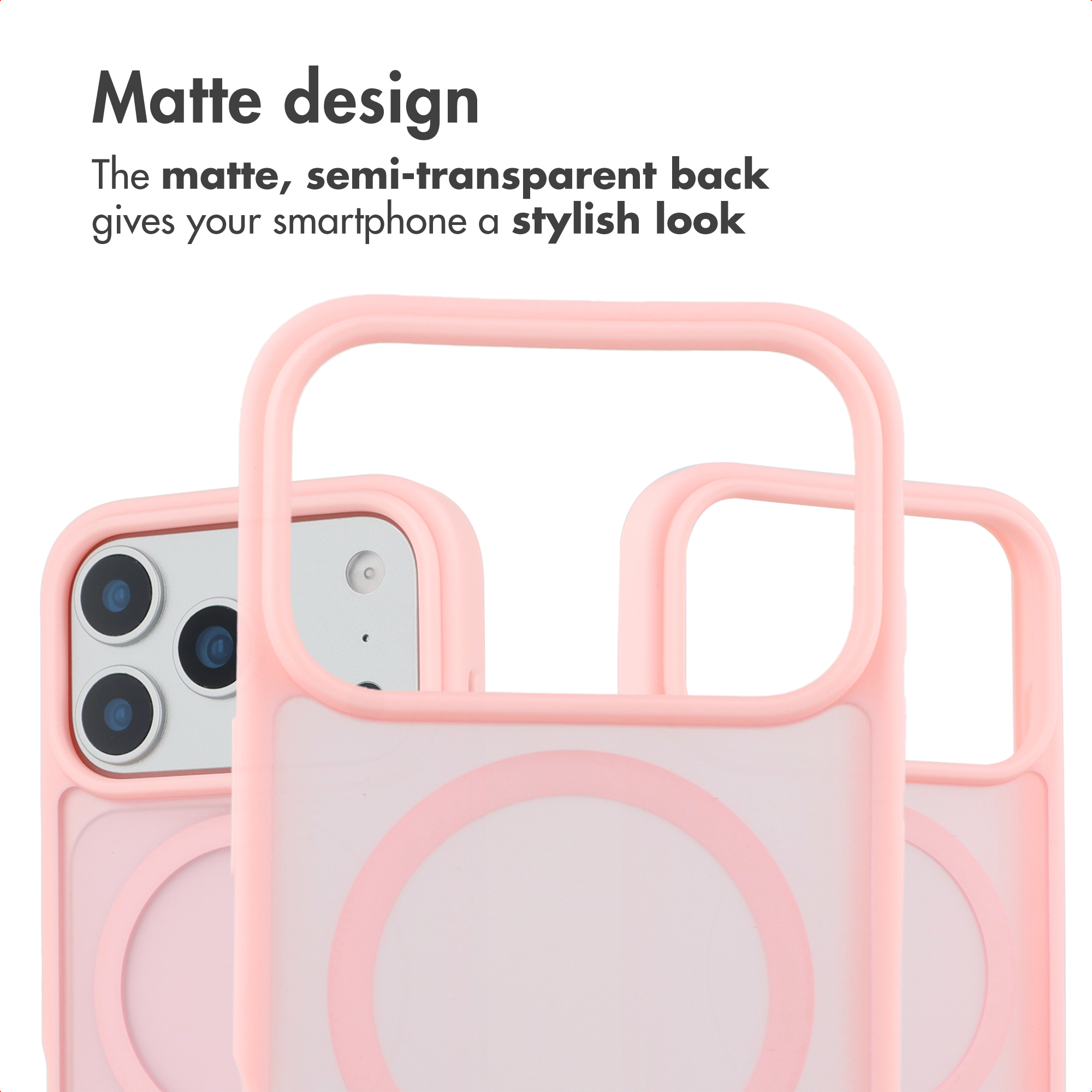 Pink smartphone cases with matte, semi-transparent backs and text describing their matte design.