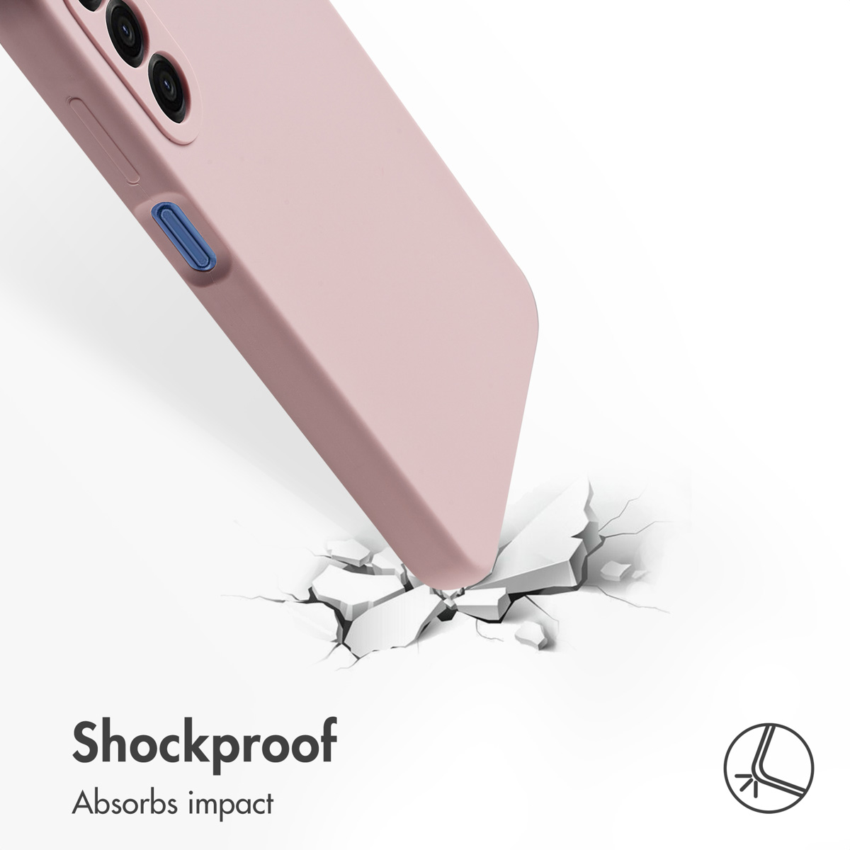 Un teléfono inteligente rosa impacta contra una superficie blanca, agrietándola.