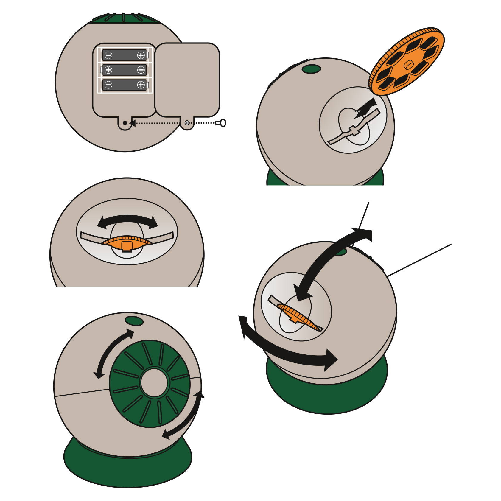 Los diagramas muestran un dispositivo redondo gris y verde con compartimento para pilas, ranura y dial.