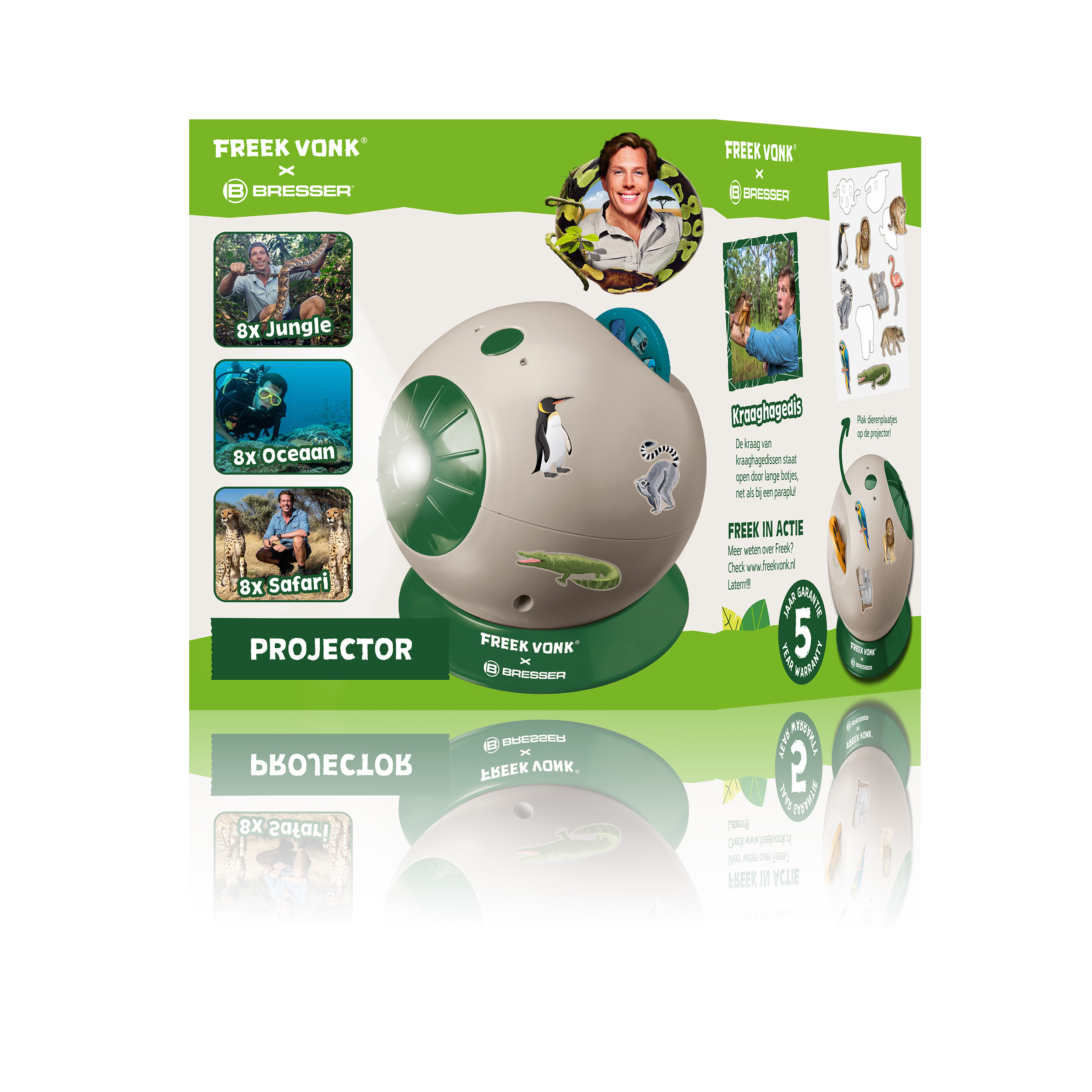 Empaque del proyector Freek Vonk x Bresser con imágenes de animales y fotos de Freek Vonk.