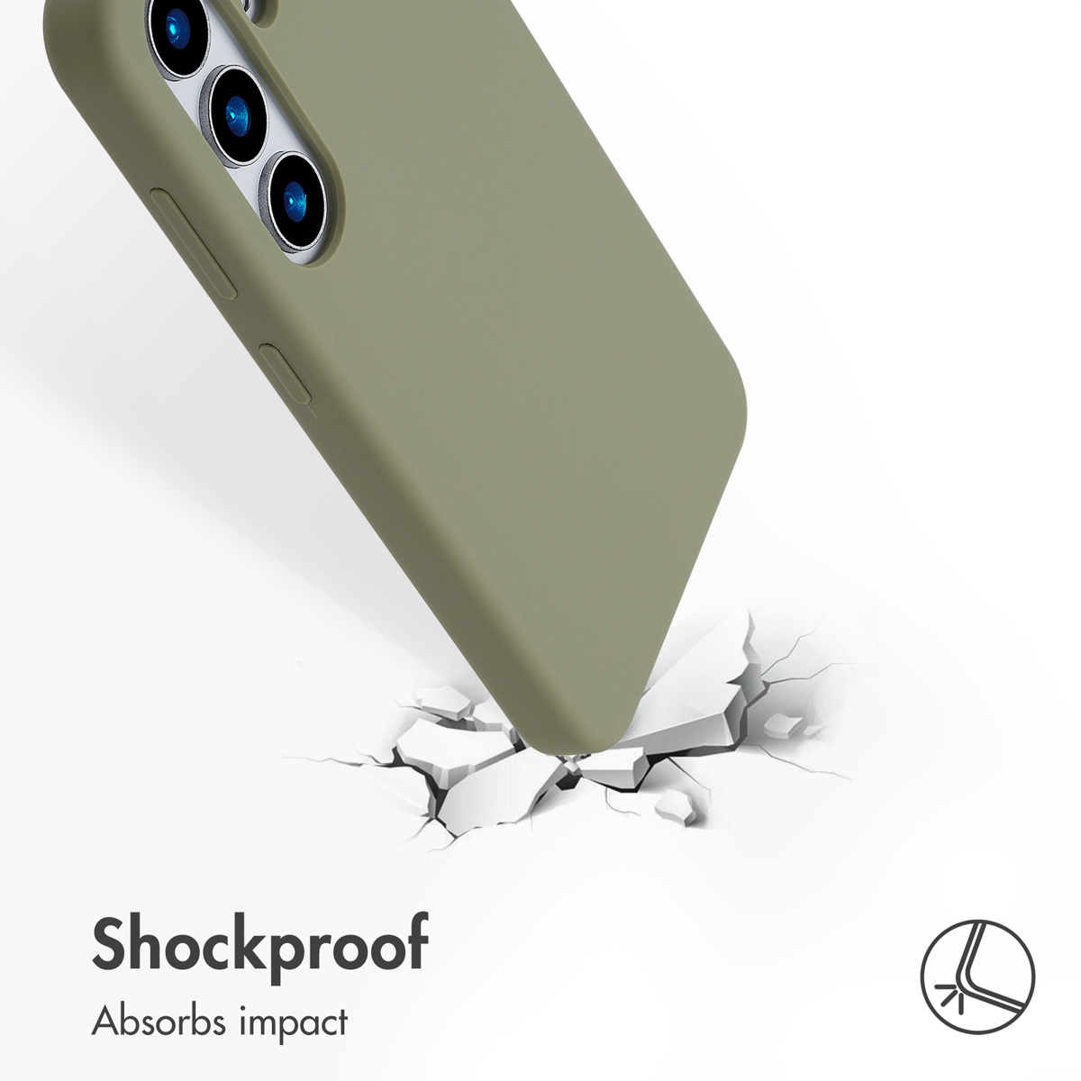 Een olijfgroene smartphone raakt en barst een wit oppervlak, vergezeld door de tekst Shockproof.