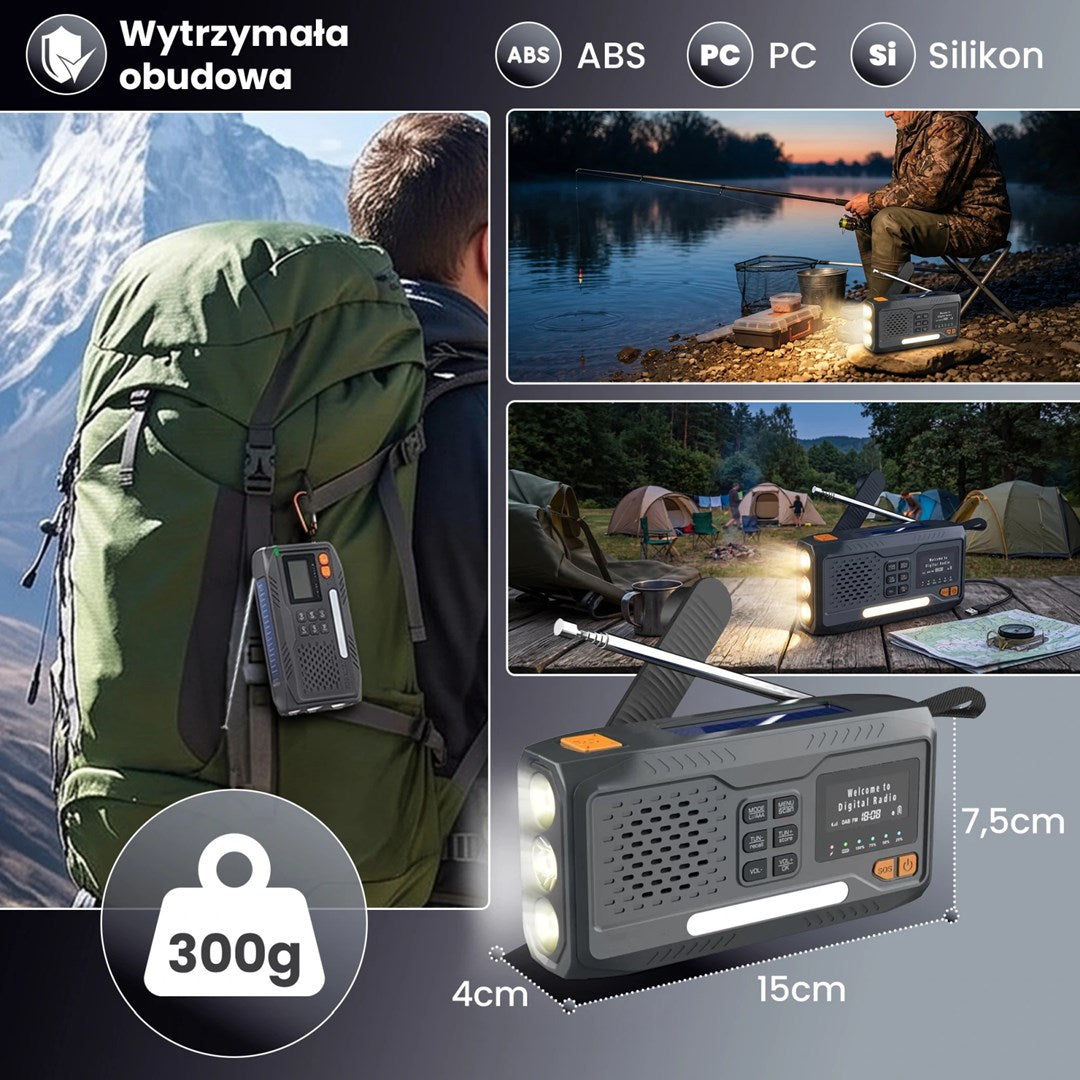 Przenośne radio na korbkę z latarką LED o wymiarach 15x7,5x4 cm, idealne do aktywności na świeżym powietrzu.