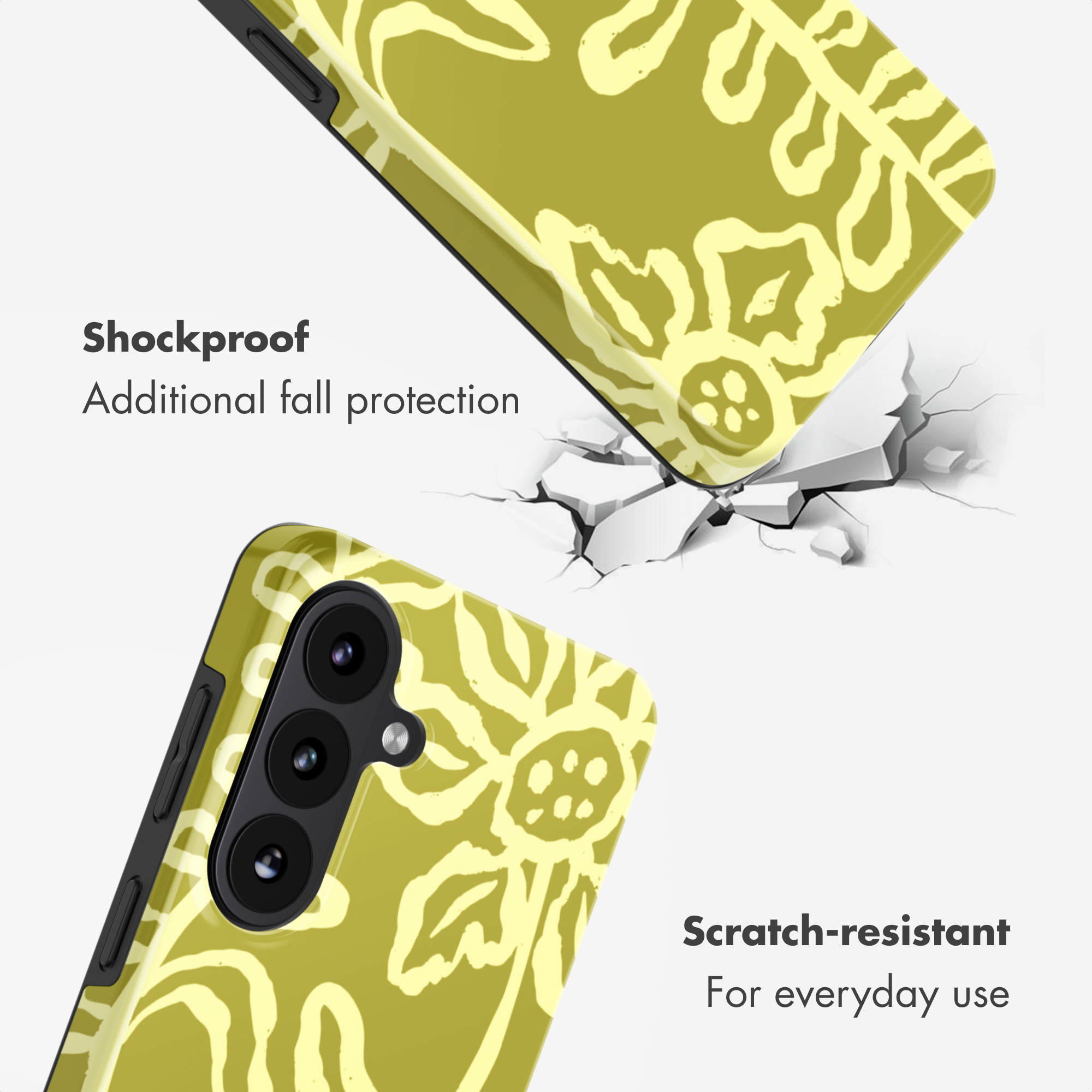 Custodia per telefono verde con motivo floreale, pubblicizzata come antiurto e antigraffio.