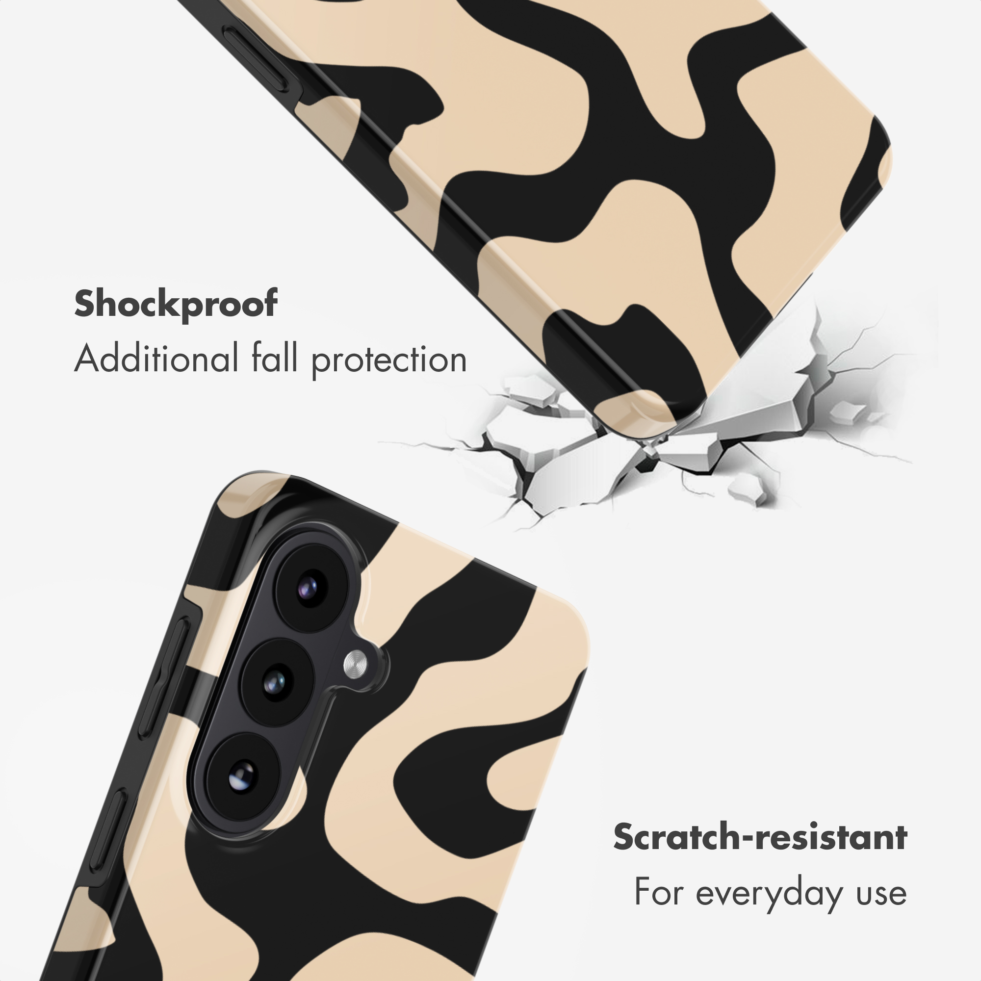 Custodia per telefono con motivo nero e beige e testo antiurto.