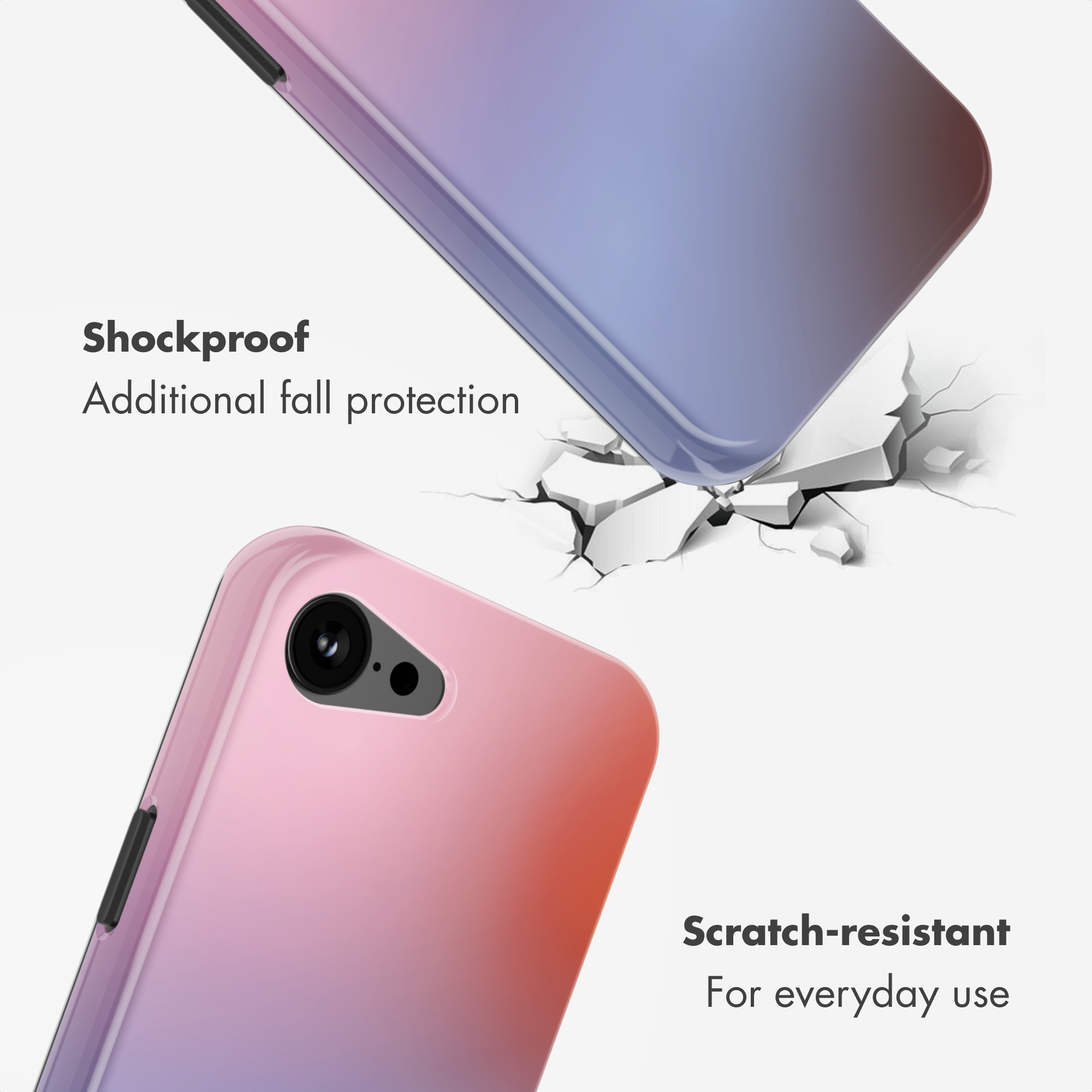 Cover per telefono sfumata che mostra protezione antiurto e resistenza ai graffi.