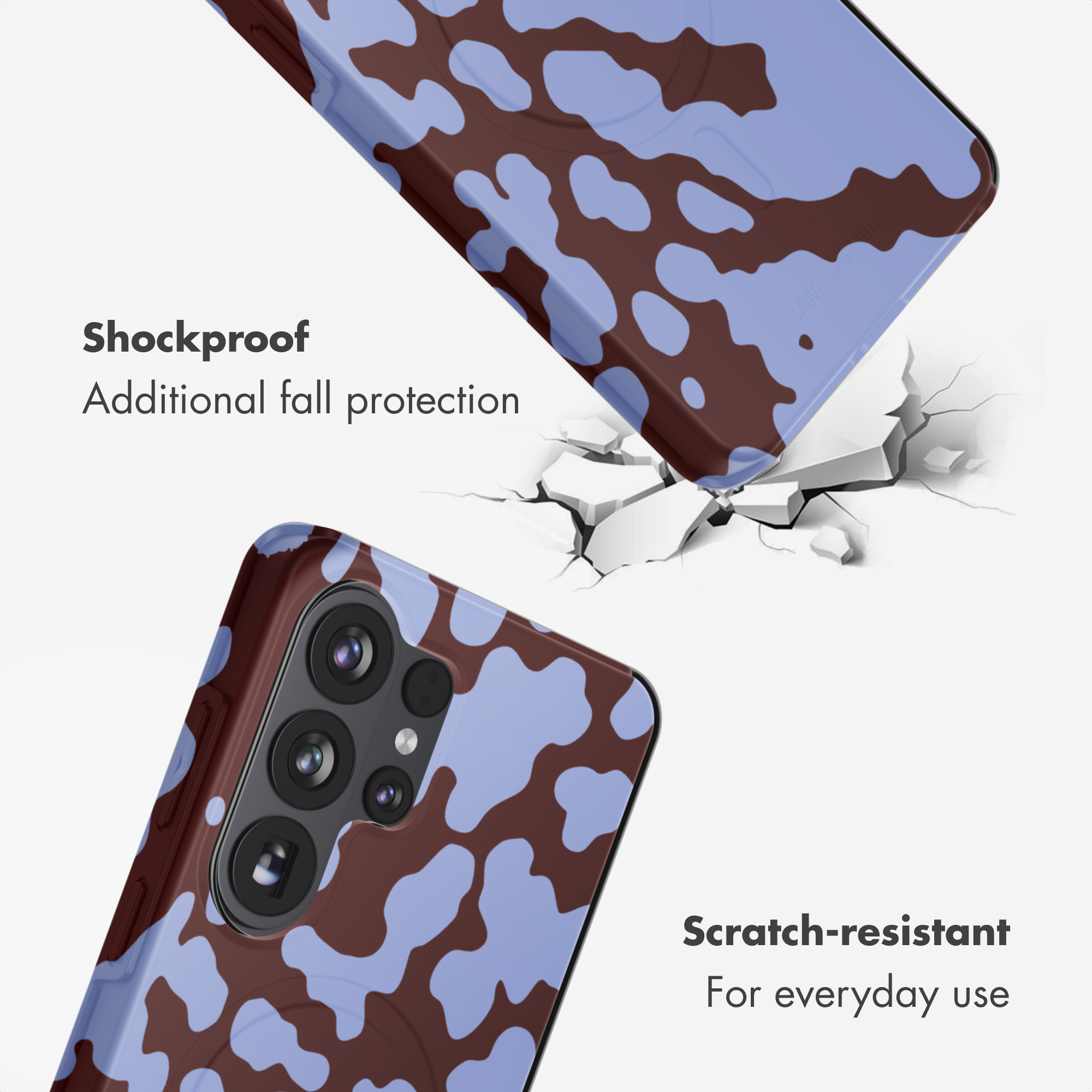 Funda de teléfono con patrón marrón y azul sobre fondo blanco con texto.