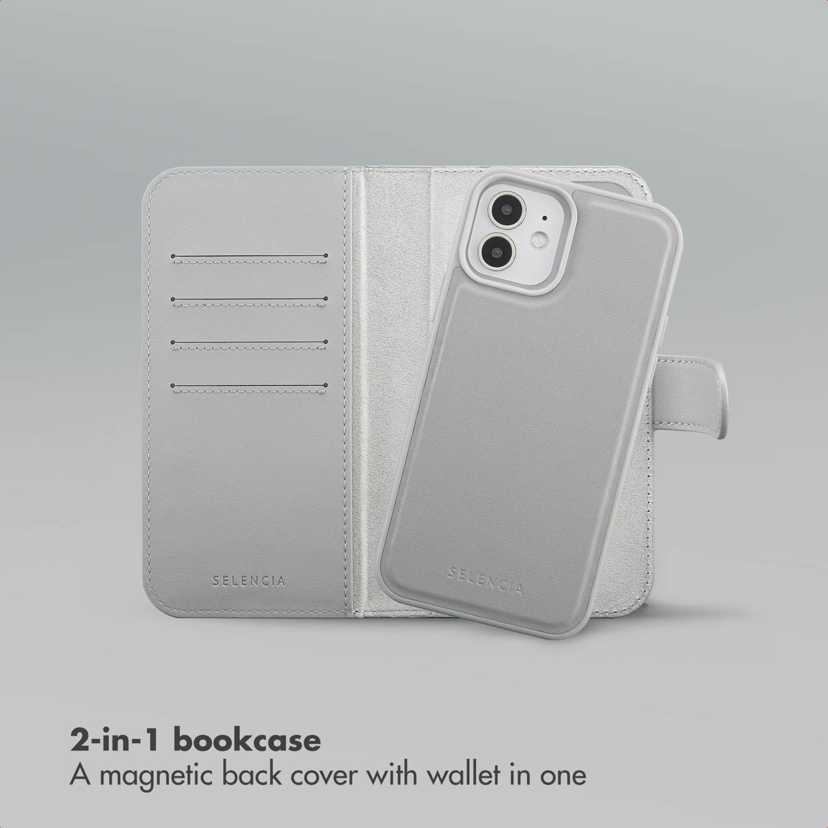 Graue 2-in-1 Buchhülle mit Magnetcover und Geldbörse auf grauem Hintergrund.