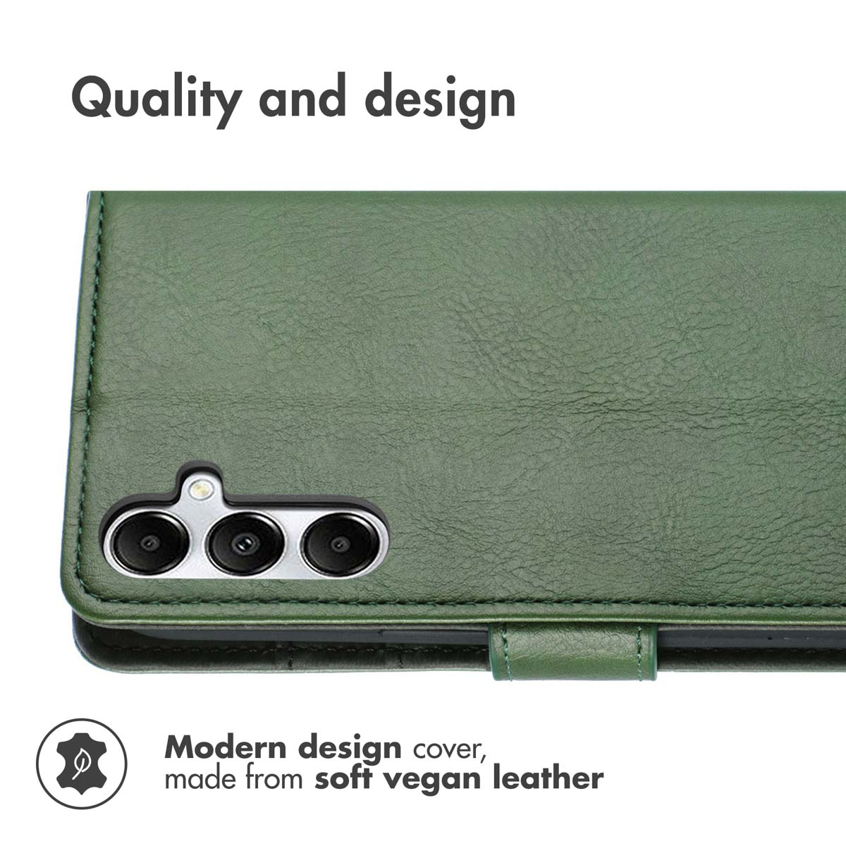 Groene vegan lederen telefoonhoes met drie camera-uitsparingen en de tekst 'Quality and design'.