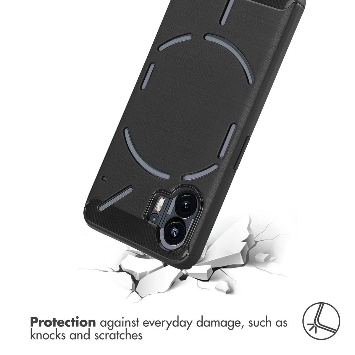 Eine schwarze Smartphone-Hülle schwebt über rissigem weißem Boden, mit Dual-Kamera und Schutzdesign.